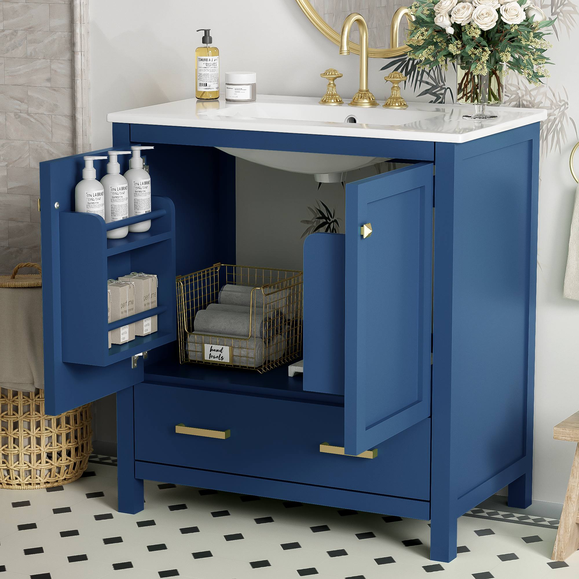 30" Blue Bathroom Vanity with Single Sink, Combo Cabinet Undermount Sink, Bathroom Storage Cabinet with 2 Doors and a Drawer, Soft Closing, Multifunctional Storage, Solid Wood Frame