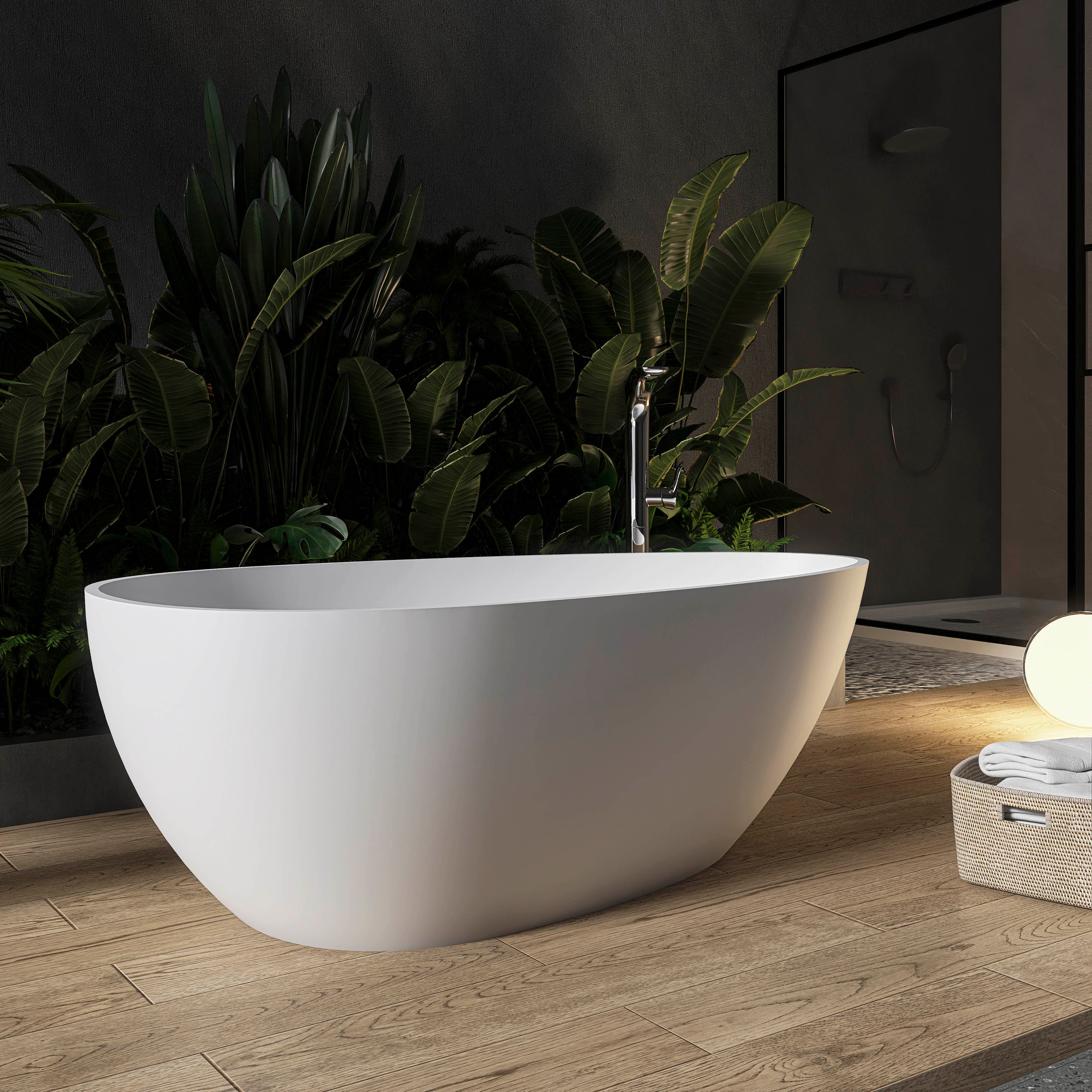 Freestanding egg shape solid surface bathtub 59 inch white drain detail
