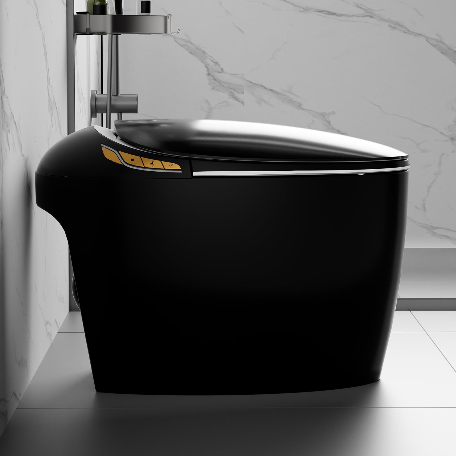 Unique Smart Toilet with Bidet Built In, Intelligent One Piece Toilet For Modern Bathroom, Auto Open/Close Seat, Foot Sensor, LED Display,Night Light, Warm Water & Dryer, Black