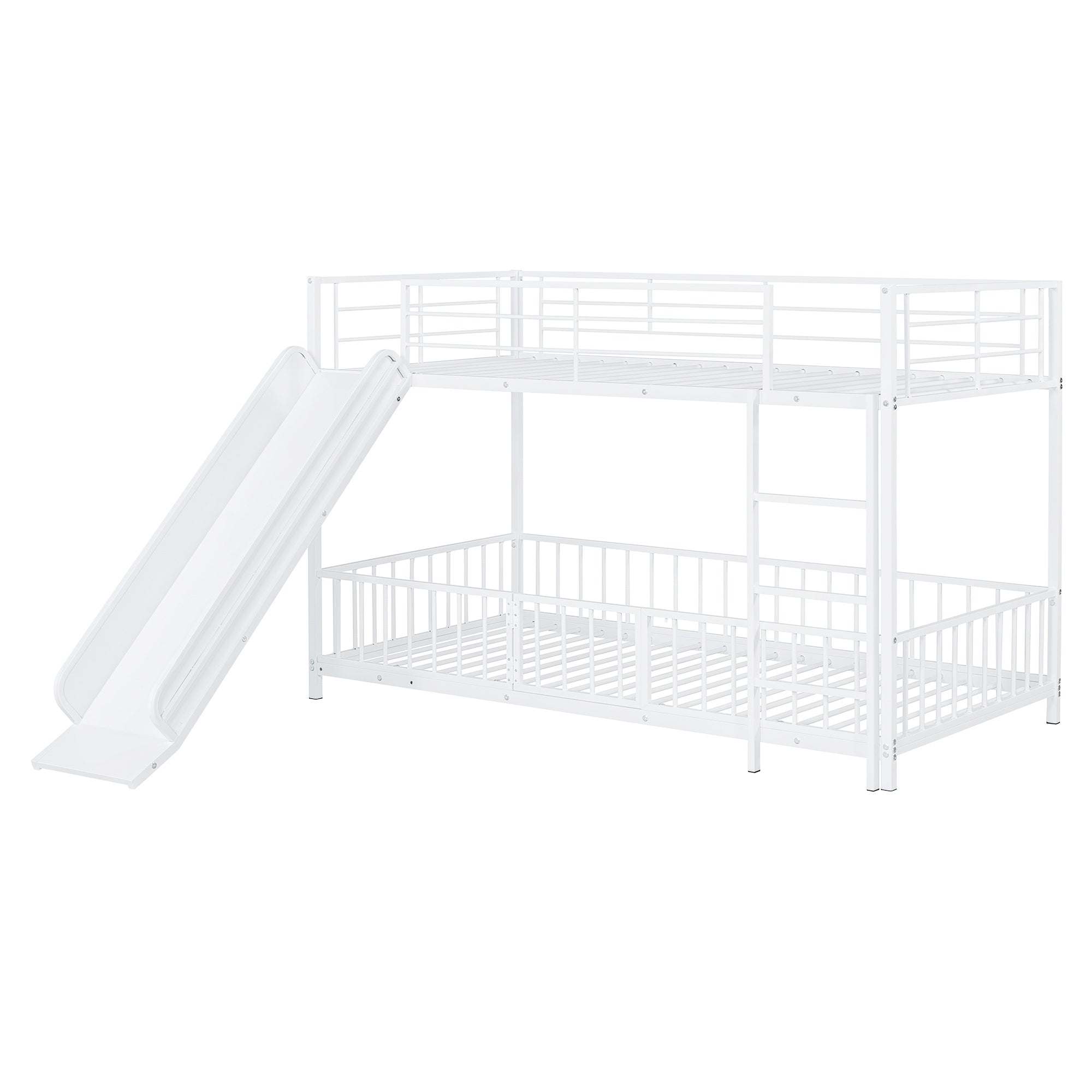 Twin over Twin Size Metal Bunk Bed with Slide and Guardrails, White