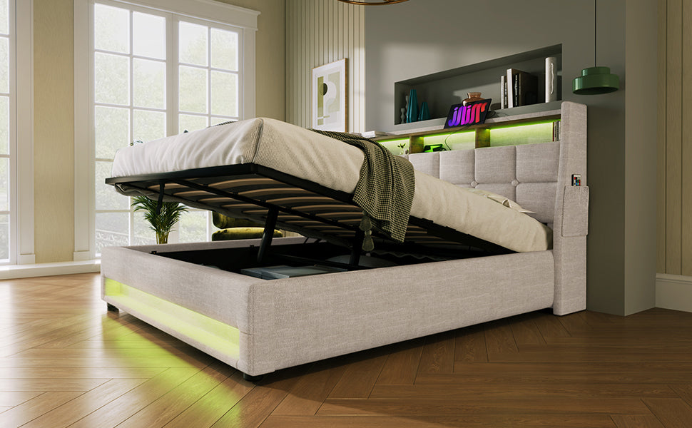 Queen size Upholstered Platform bed with a Hydraulic Storage System, LED and USB Charging, Natural (without mattress)