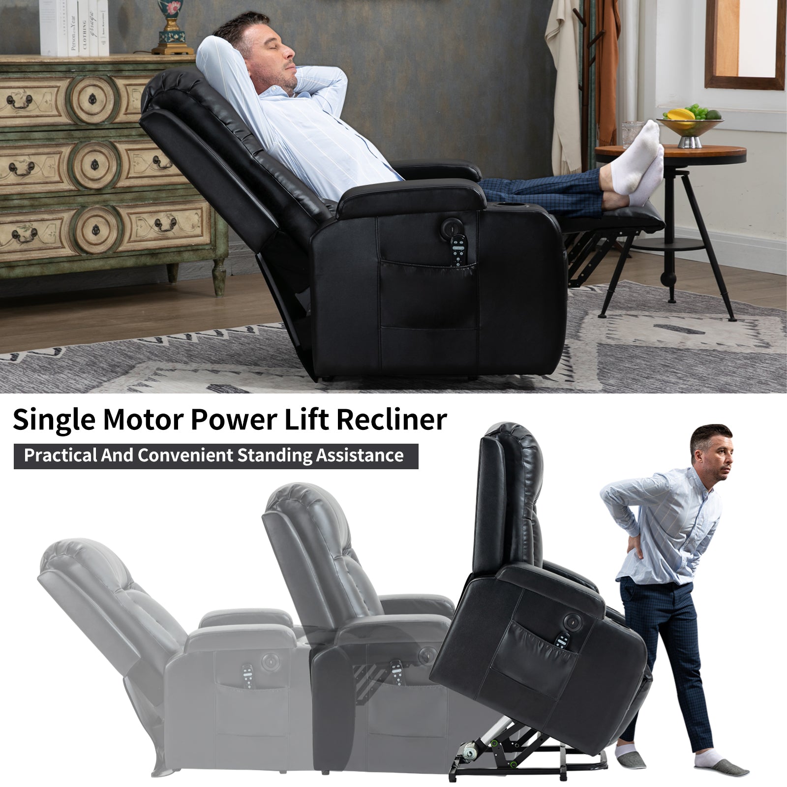 Infinite Position Up to 350 LBS Power Lift Recliner Chair for Elderly, Heavy Duty Motion Mechanism with 8-Point Vibration Massage and Lumbar Heating, USB Charging Port, Cup Holders, Black