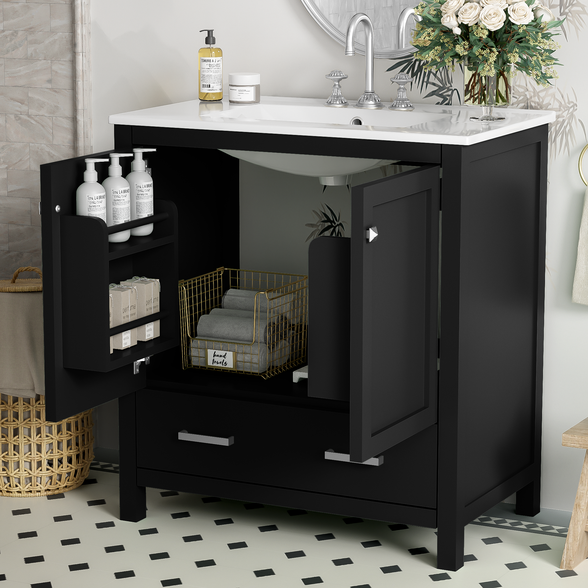 30" Black Bathroom Vanity with Single Sink, Combo Cabinet Undermount Sink, Bathroom Storage Cabinet with 2 Doors and a Drawer, Soft Closing, Multifunctional Storage, Solid Wood Frame