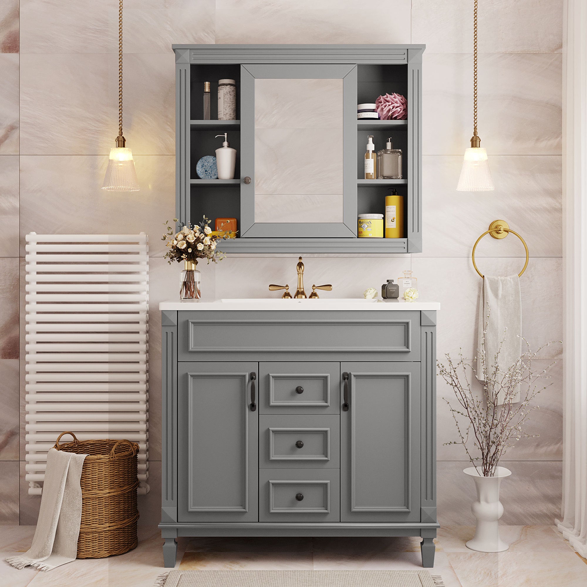 36'' Bathroom Vanity with Top Sink, Grey Mirror Cabinet, Modern Bathroom Storage Cabinet with 2 Soft Closing Doors and 2 Drawers, Single Sink Bathroom Vanity