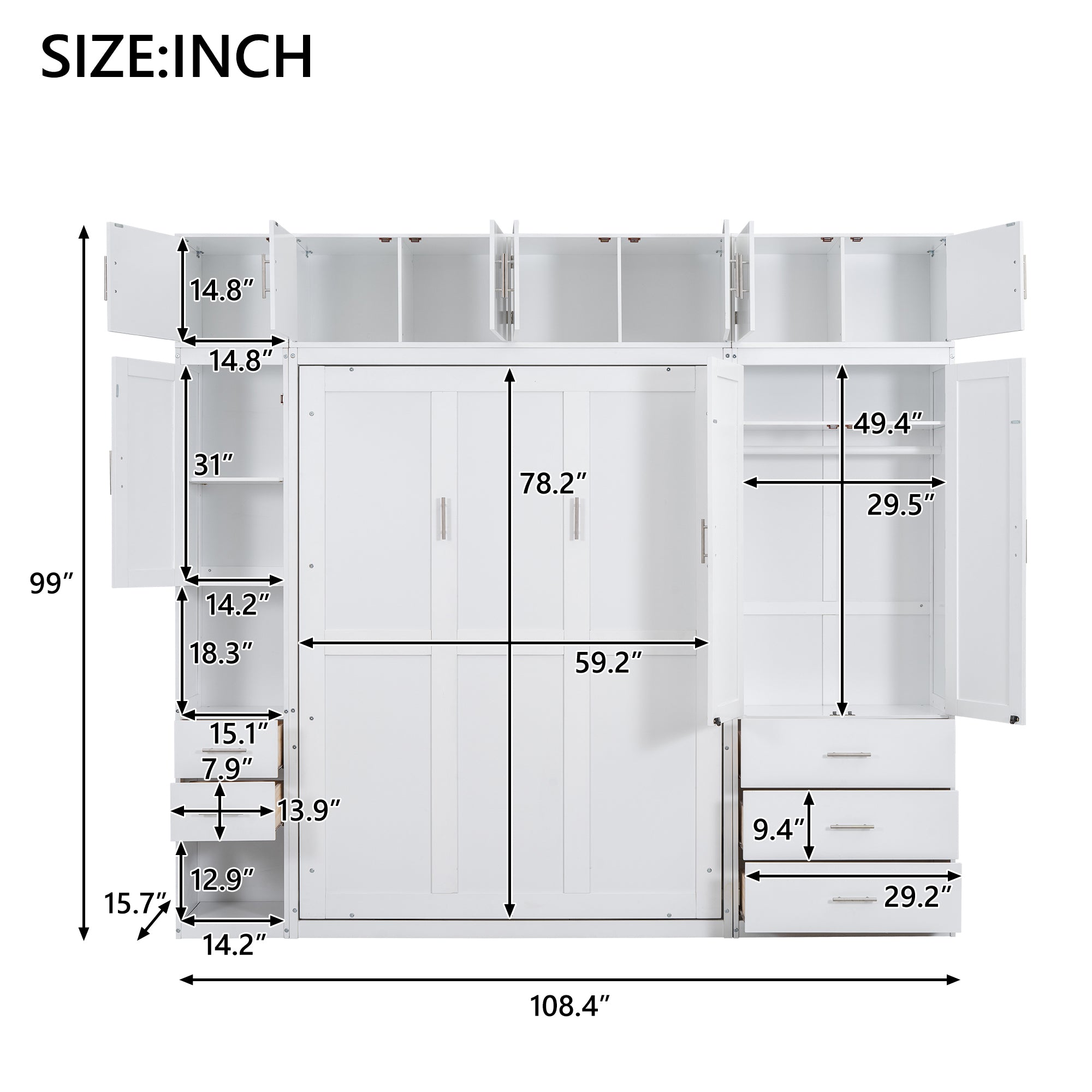 Full Size Murphy Bed with Lockers and Wardrobes, With installation video, White