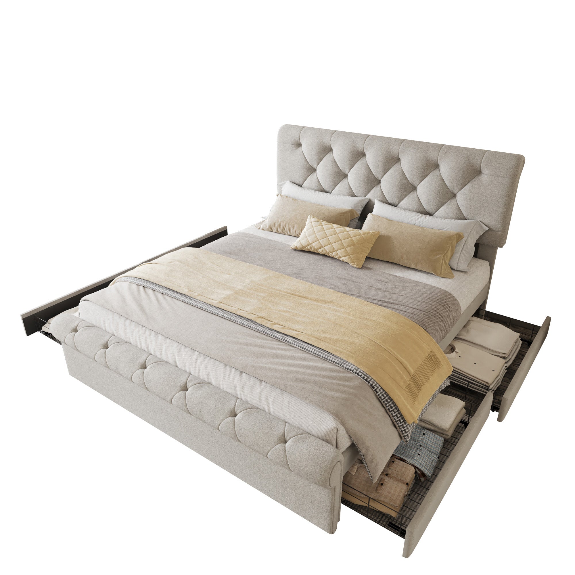 Full size Upholstered Platform bed with Four Drawers, Antique Curved Headboard, Linen Fabric, Beige (without mattress)