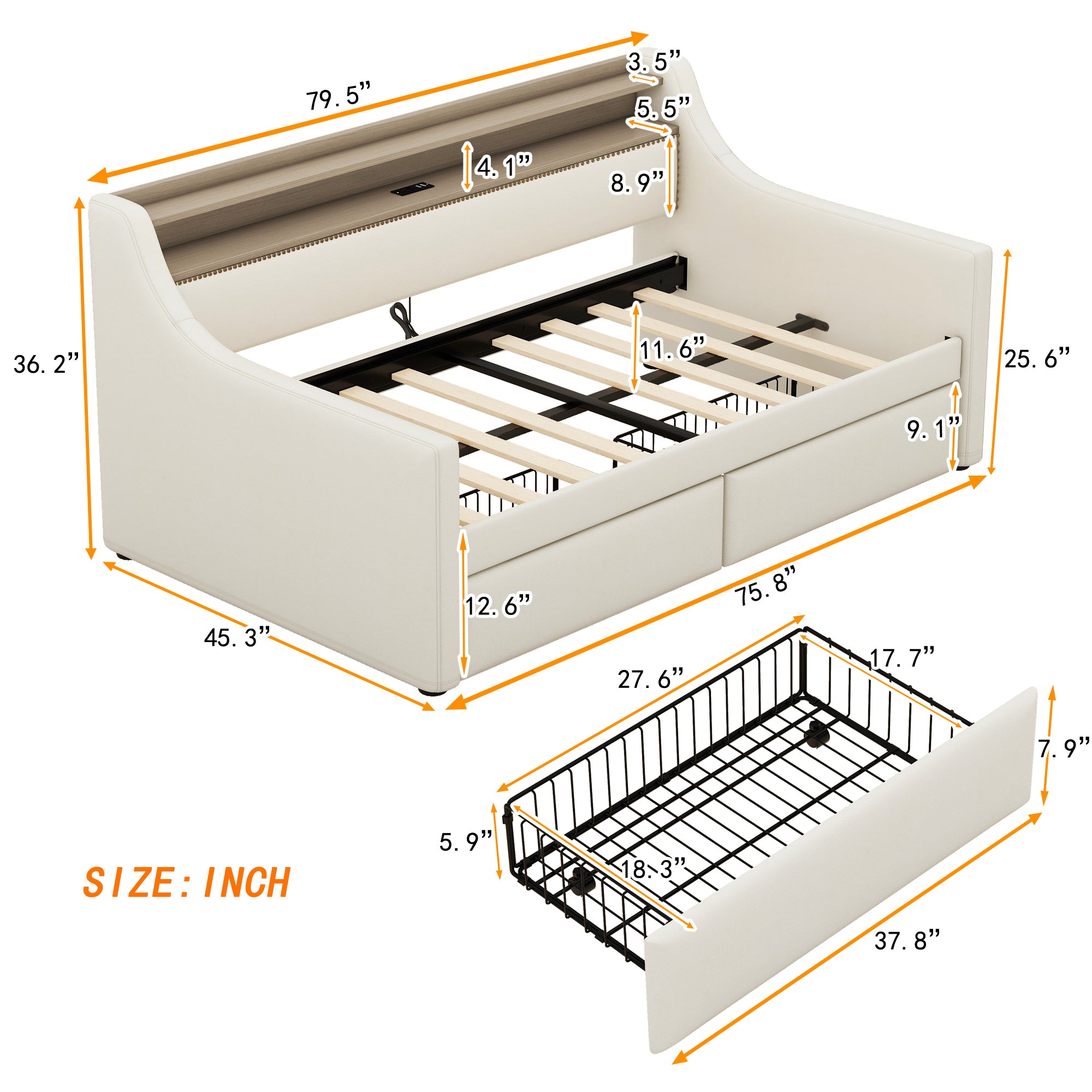 Twin Size Daybed with Storage Drawers, Upholstered Daybed with Charging Station and LED Lights, Beige (Old Item W1580S00022)