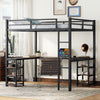 Full Metal Loft Bed with Desk and Shelves, Loft Bed with Ladder and Guardrails, Loft Bed Frame for Bedroom, Black with Vintage Wood-colored desk