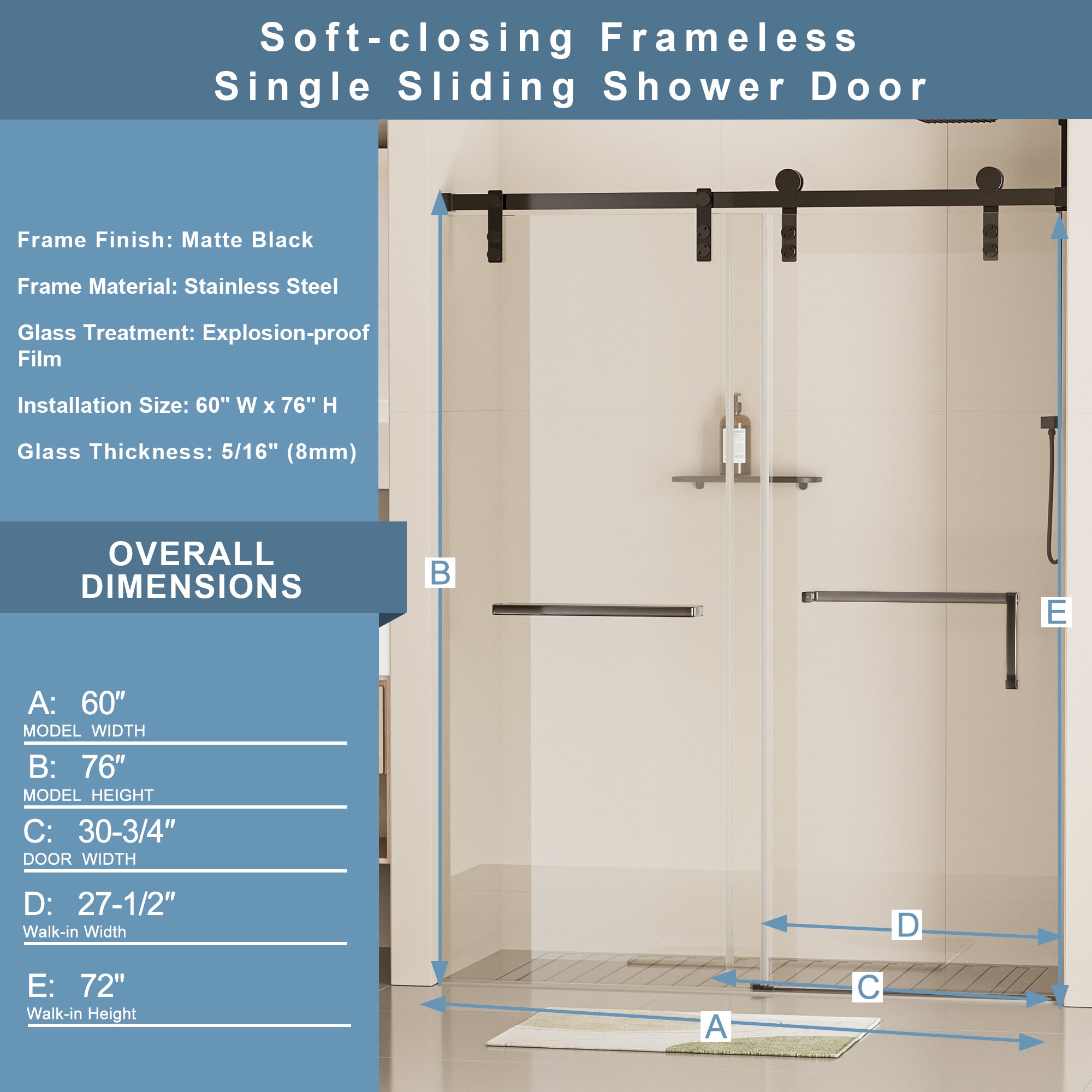 60"W x 76"H Frameless Soft-closing Shower Door, Single Sliding Shower Door, 5/16" (8mm) Clear Tempered Glass with Explosion-Proof Film, Stainless Steel Hardware, Matte Black 24D211-60MB-COMBO