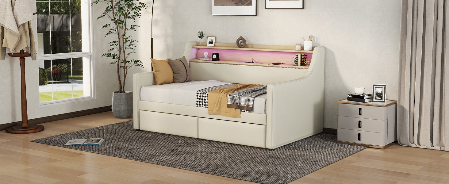 Twin Size Daybed with Storage Drawers, Upholstered Daybed with Charging Station and LED Lights, Beige (Old Item W1580S00022)