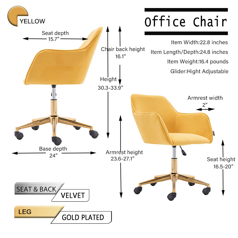 Modern Velvet Fabric Material Adjustable Height 360 Revolving Home Office Chair With Gold Metal Legs And Universal Wheels For Indoor,Yellow