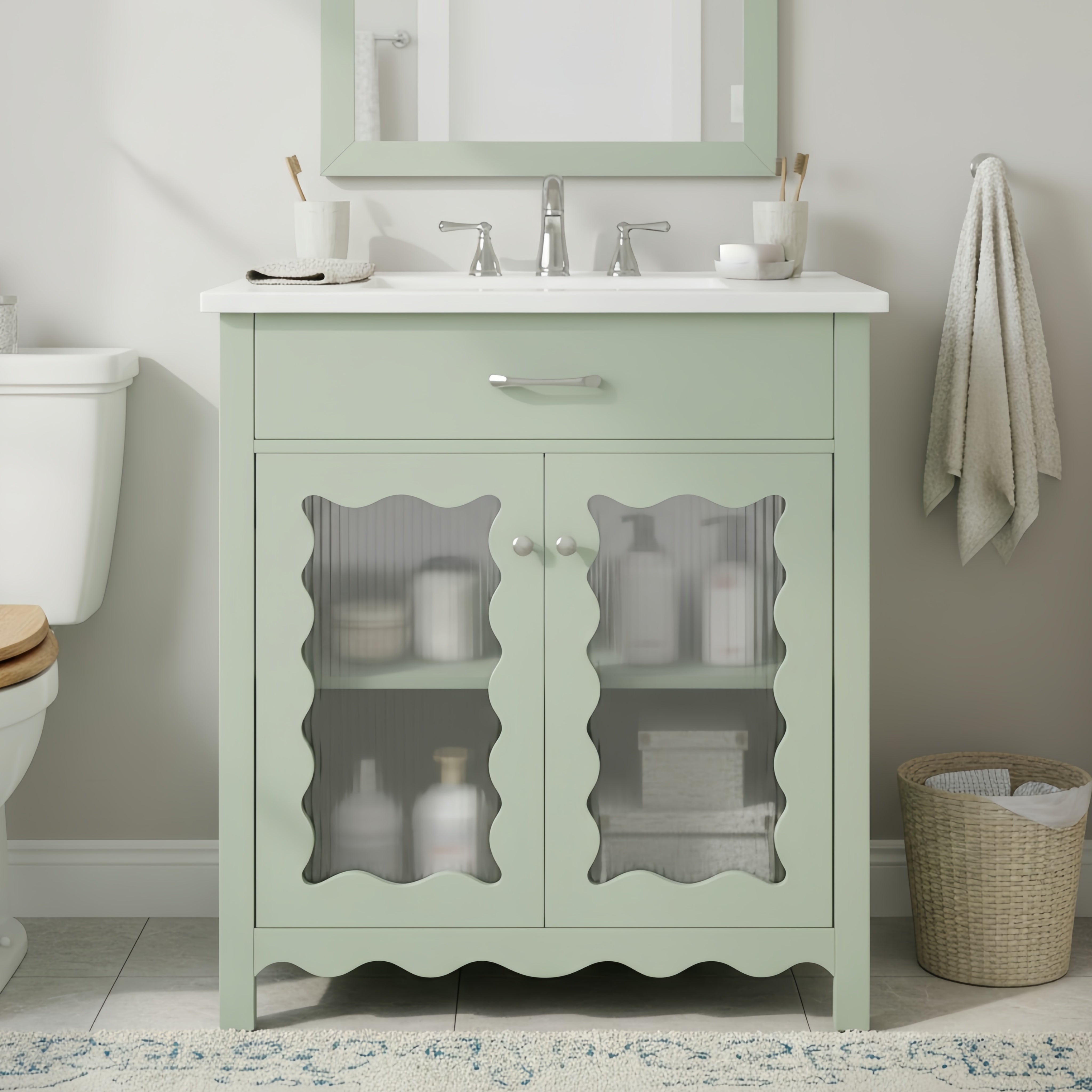 Green 30 inch modern bathroom vanity with tempered glass top, front view