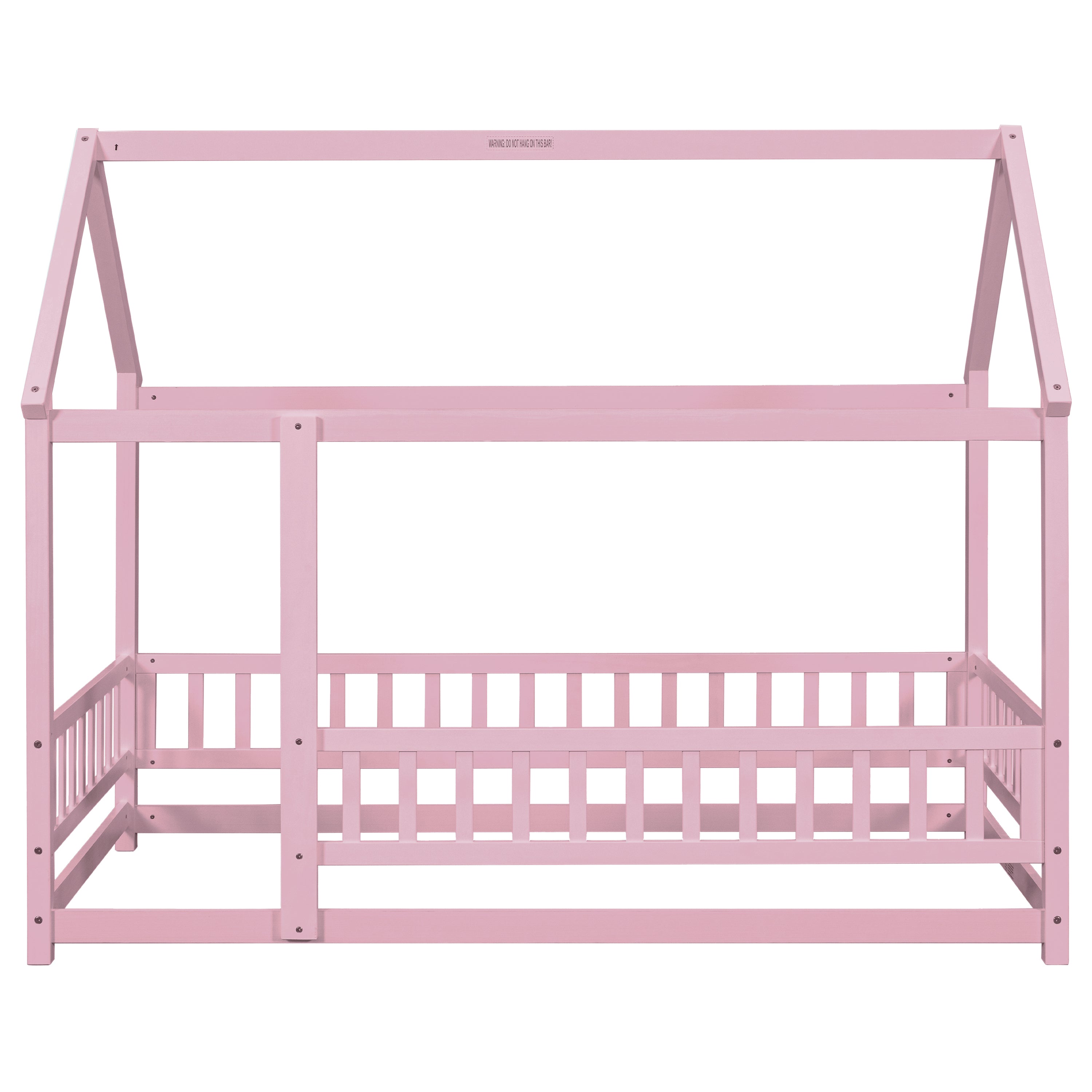 Twin Size Floor Wooden Bed with House Roof Frame, Fence Guardrails,Pink