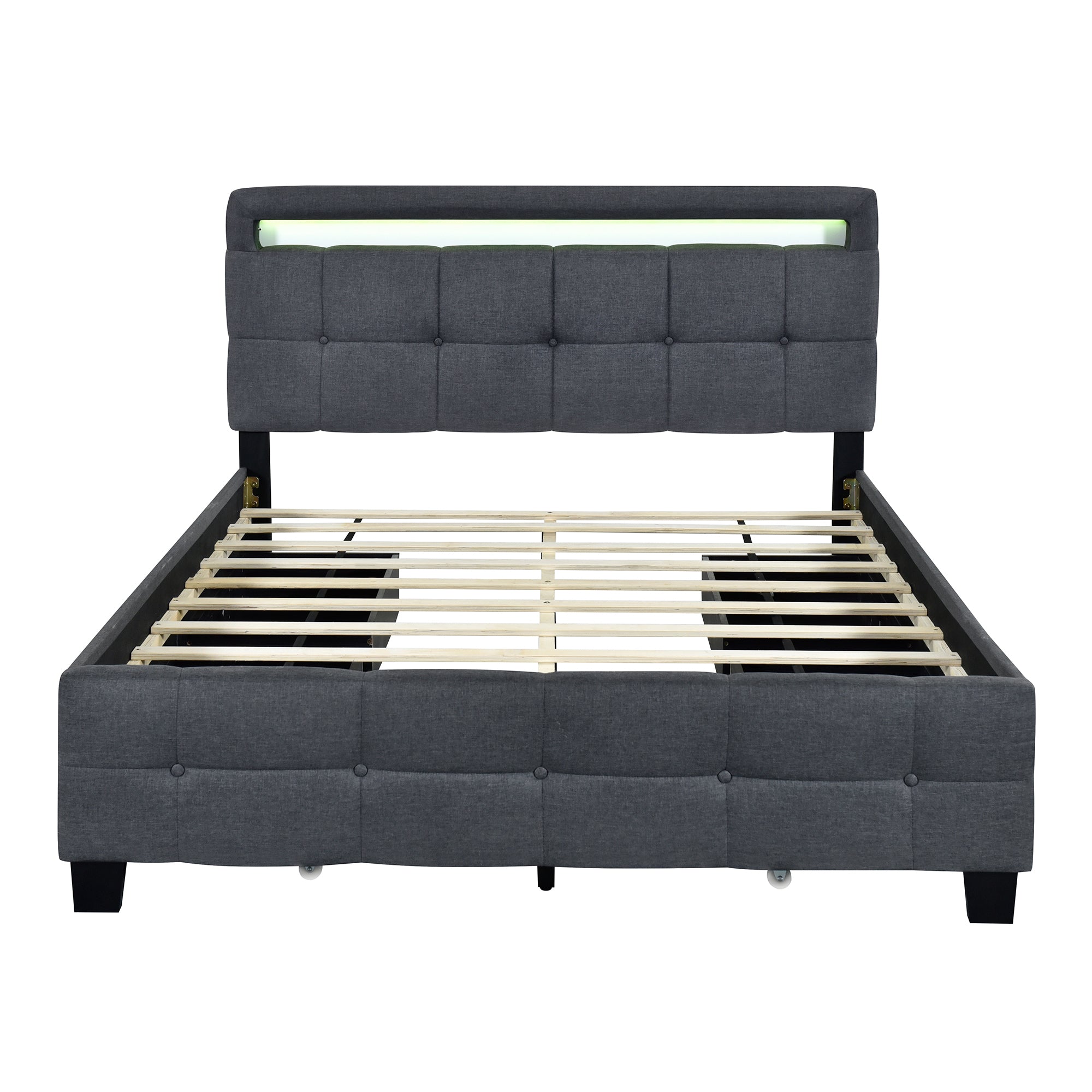 Queen Size Upholstered Platform Bed with LED Frame and 4 Drawers, Linen Fabric, Gray