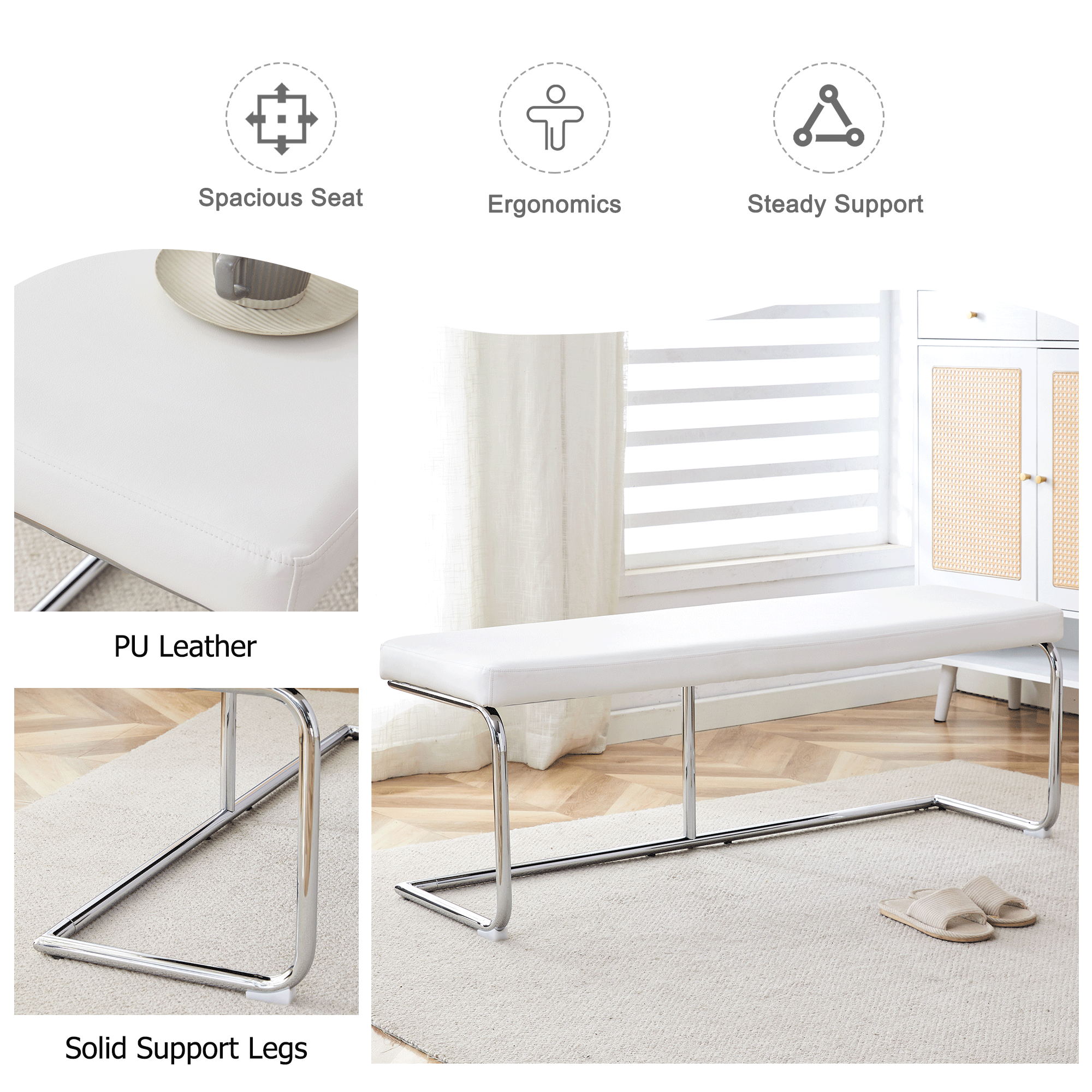 White shoe changing stool, silver metal legs, sofa stool dining chair, suitable for bedroom ,fitting room, storage room, dining room, living room. 005