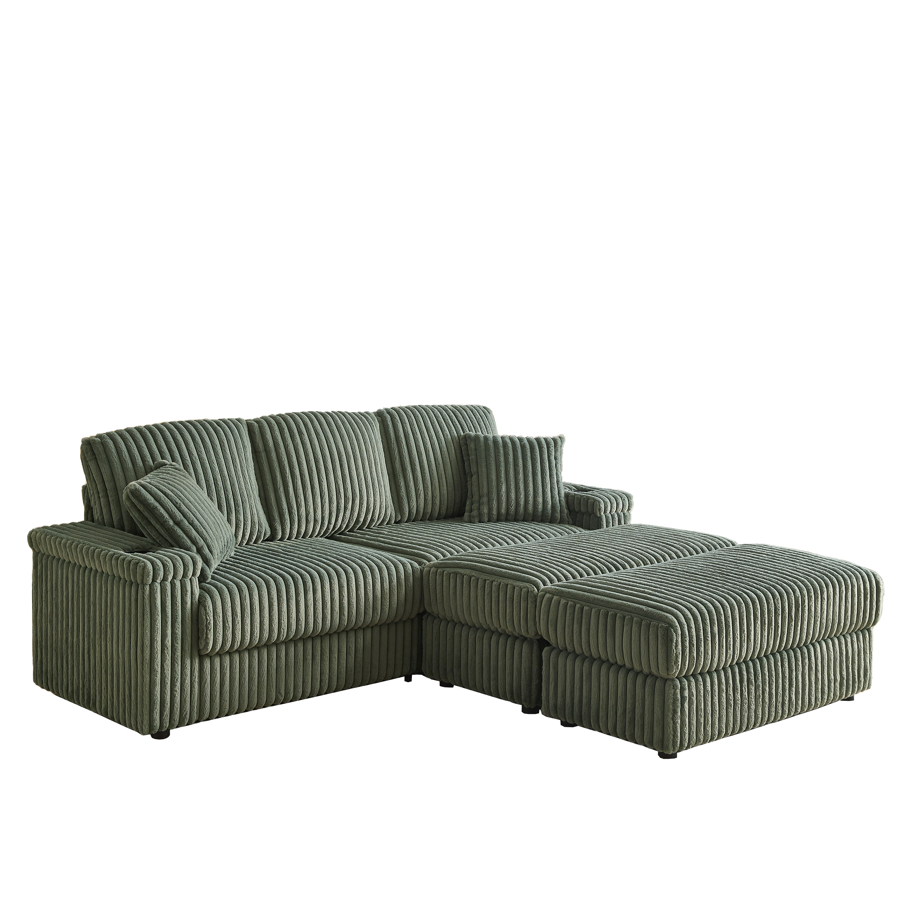 84Inch Corduroy 3-seater sofa With 3 back pillows ,2 toss pillows , a ottoman ,2storage spaces and cup-holding grooves Comfy Sofa- Deep Seat Couch for Living Room