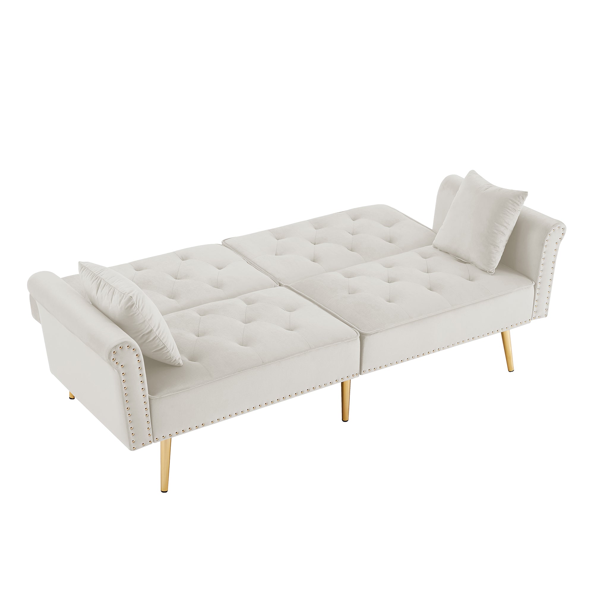 BEIGE Velvet Tufted Sofa Couch with 2 Pillows and Nailhead Trim