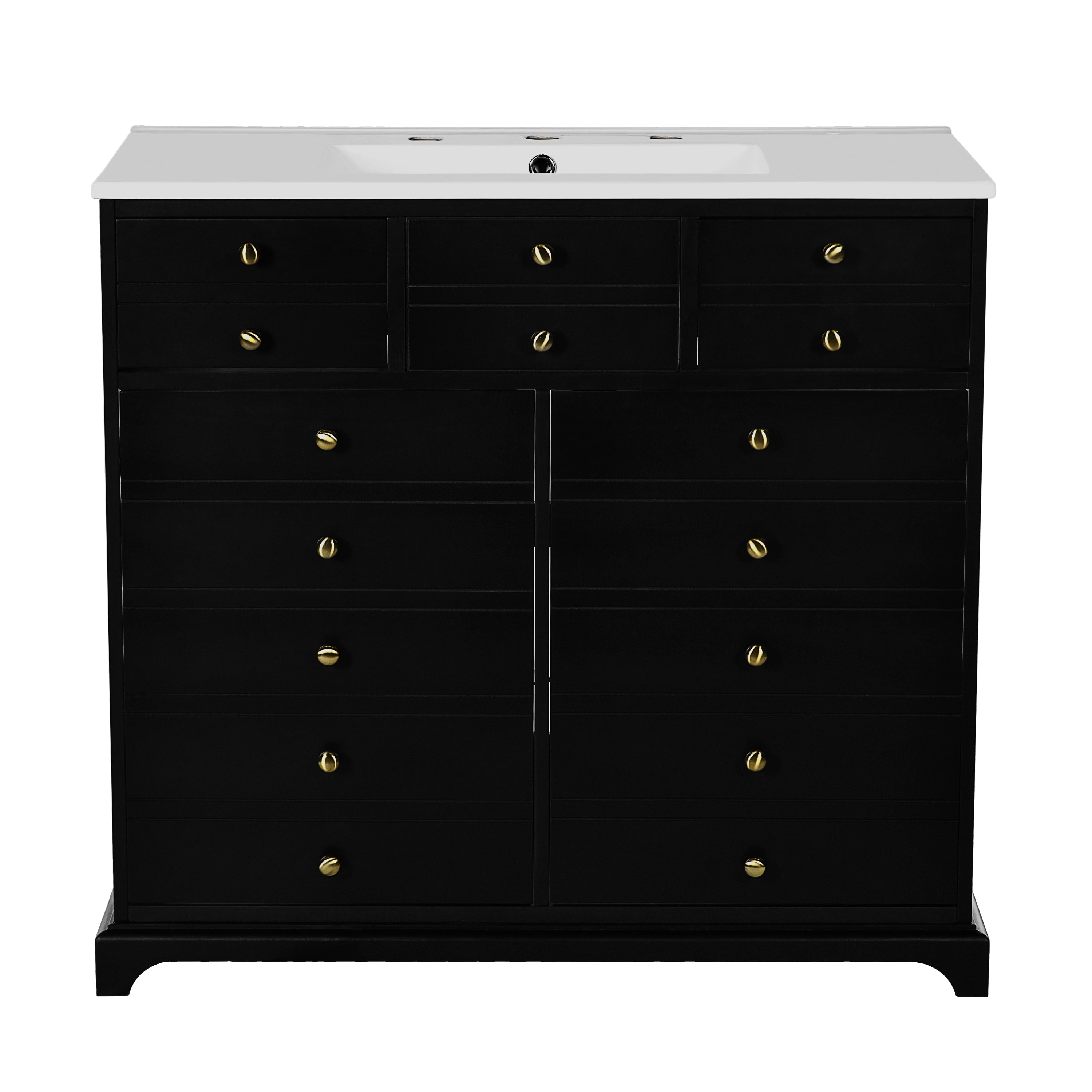 36'' Bathroom Vanity with Ceramic Sink Combo, Solid Wood Frame Bathroom Storage Cabinet, Freestanding Vanity Set with 2 Drawers& Soft Closing Doors, Black