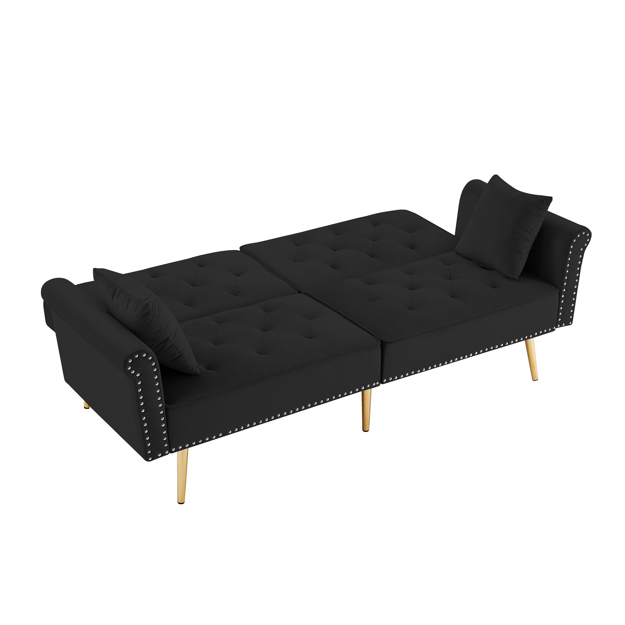 BLACK Velvet Tufted Sofa Couch with 2 Pillows and Nailhead Trim