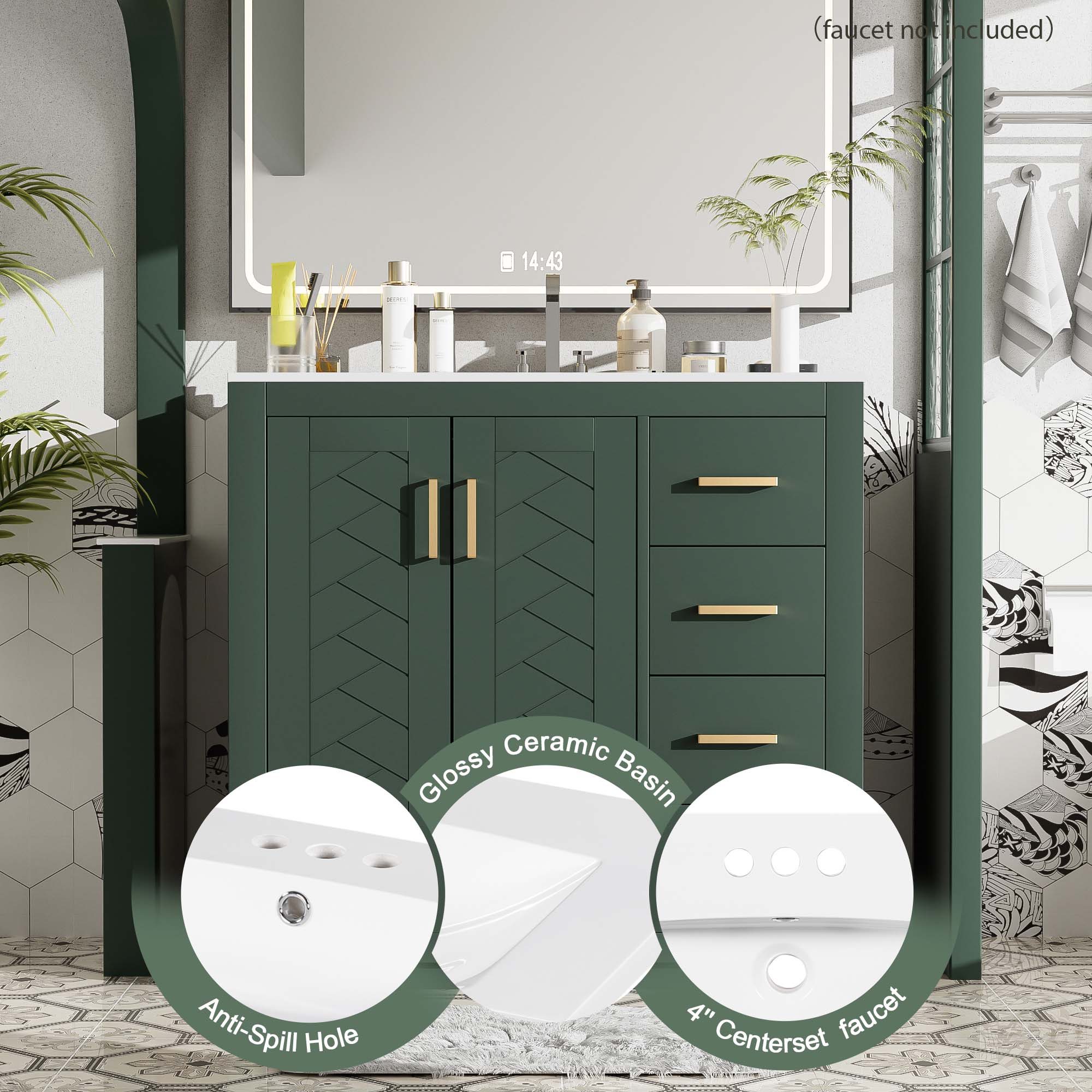 36-inch vanity with soft-closing doors open, cabinet view