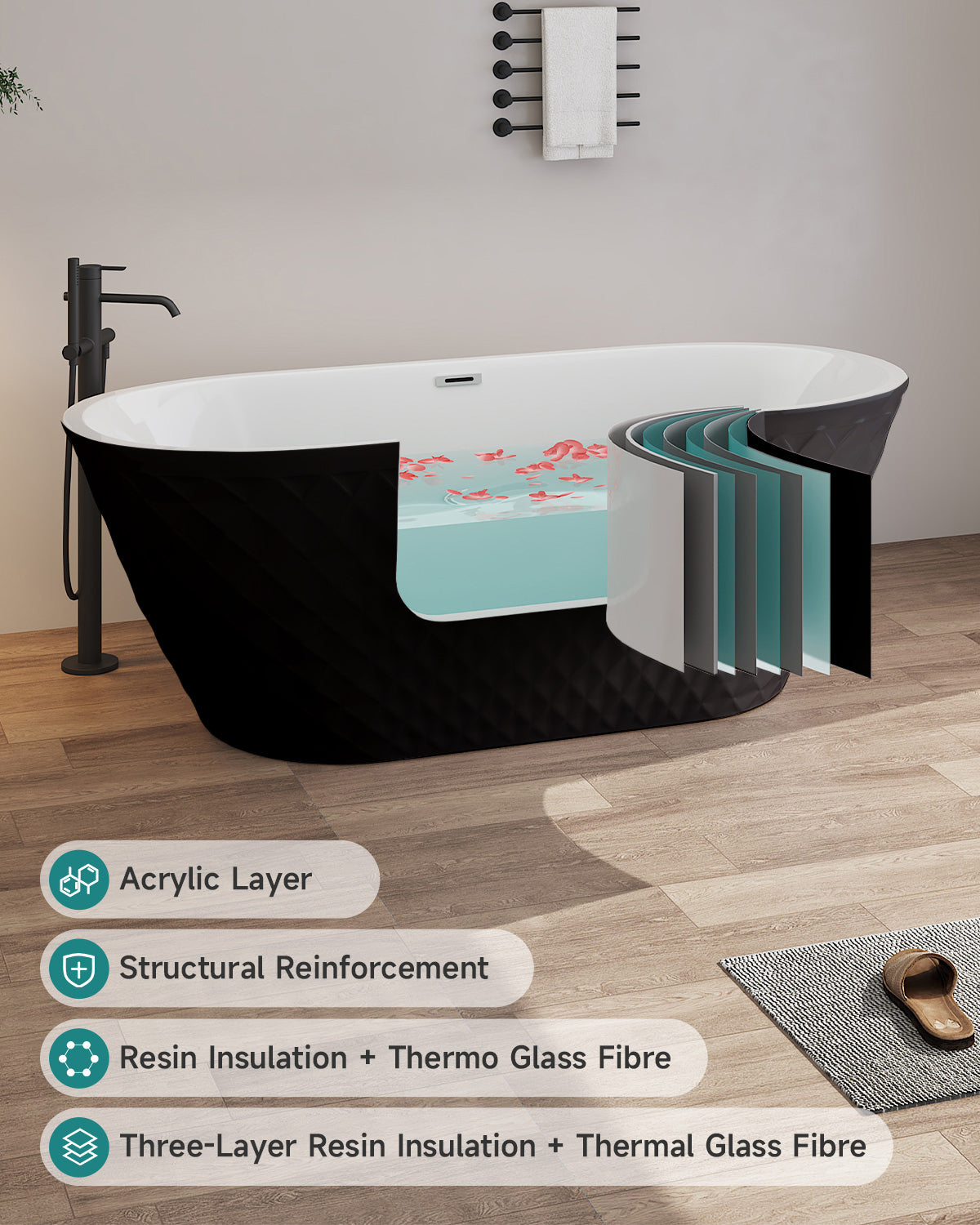 67'' acrylic freestanding bathtub with unique diamond pattern design: spacious oval shape, Black finish, brushed nickel overflow and pop-up drain CUPC Certificate