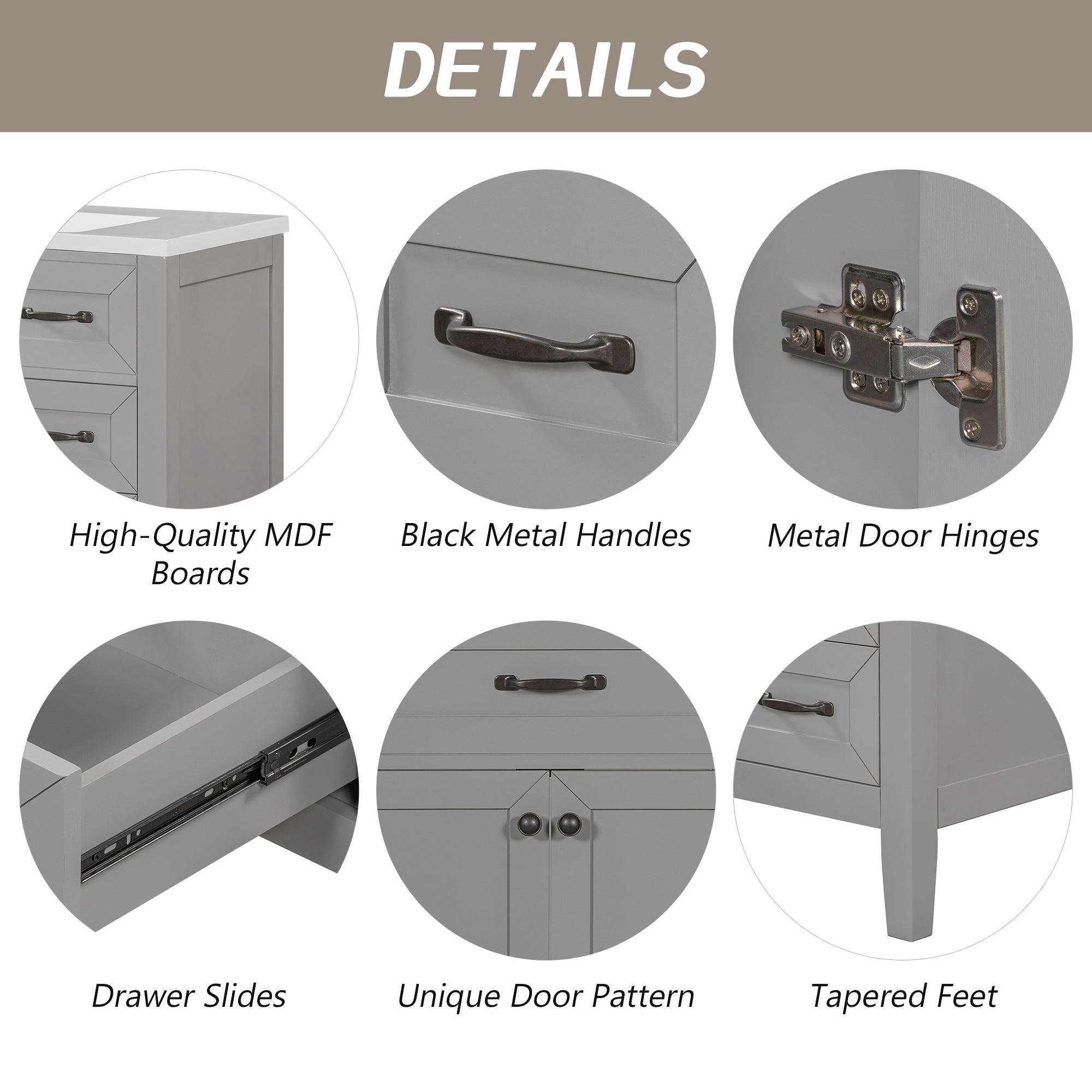 36" Bathroom Vanity without Sink, Cabinet Base Only, Bathroom Cabinet with Drawers, Solid Frame and MDF Board, Grey