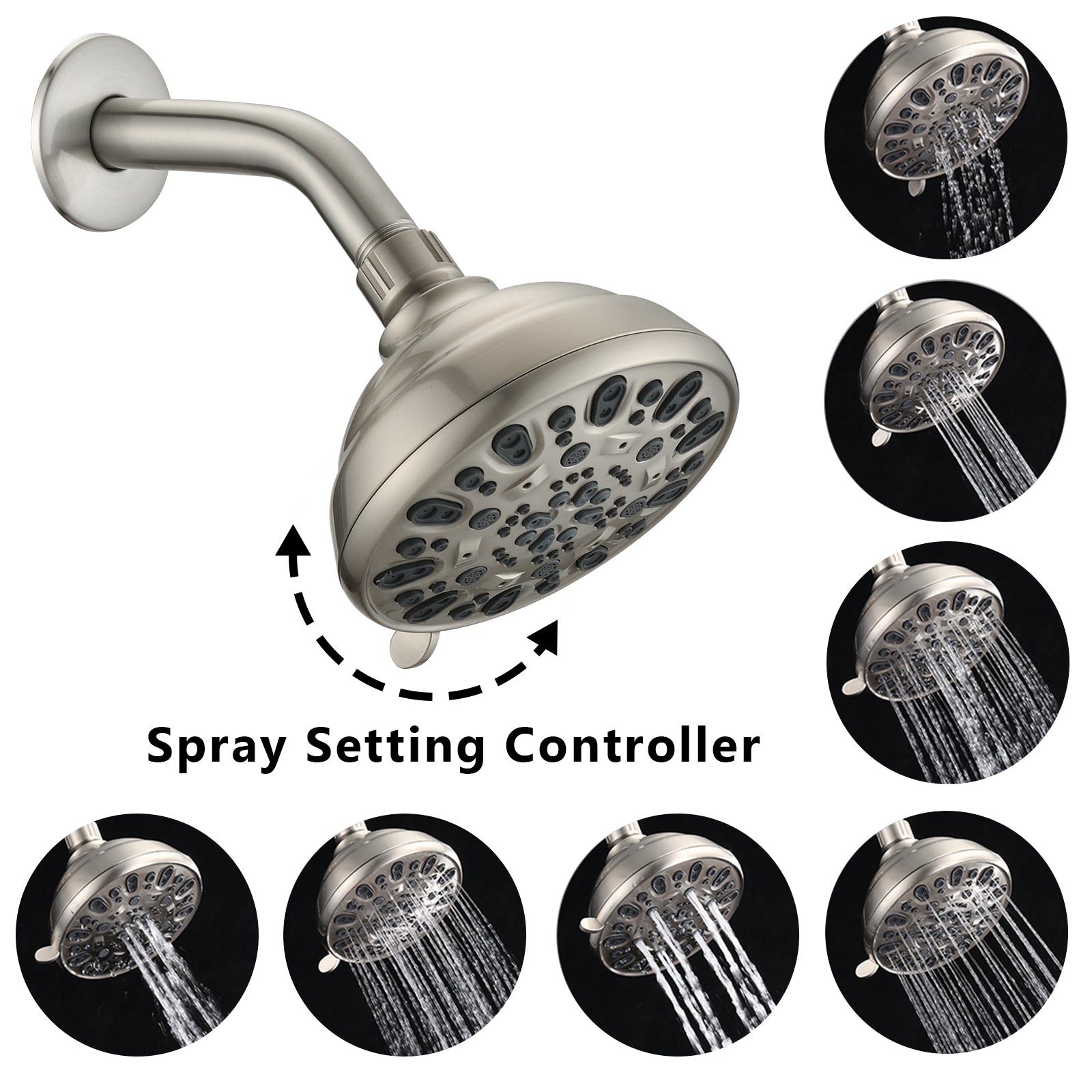 Brushed nickel high pressure 6-setting 4" shower head - Angle adjustable, clog-proof shower head