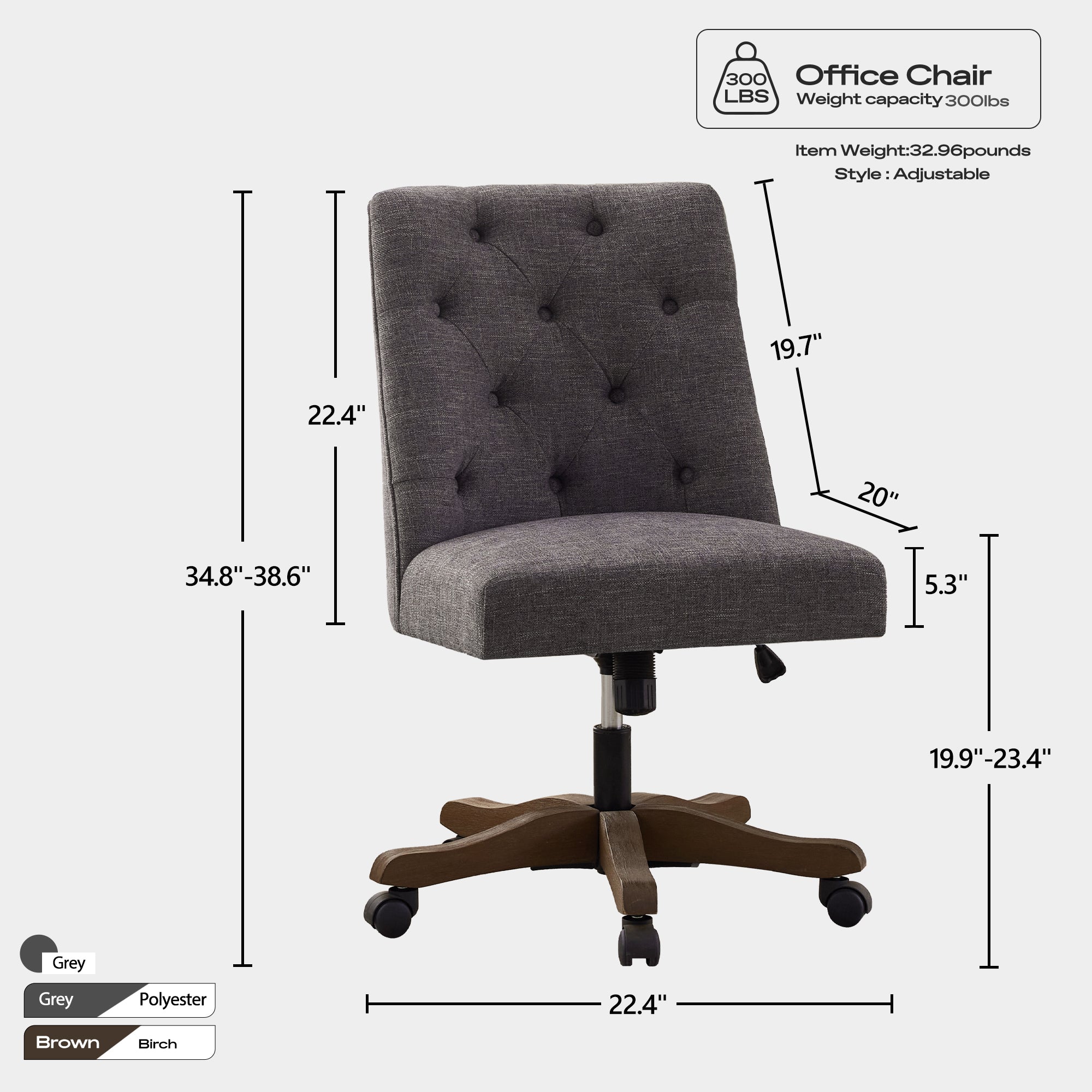 Upholstered Swivel Desk Chair, Armless Home Office Chair, Chenille Fabric Adjustable Height Computer Chair with Wheels for Study ,Grey