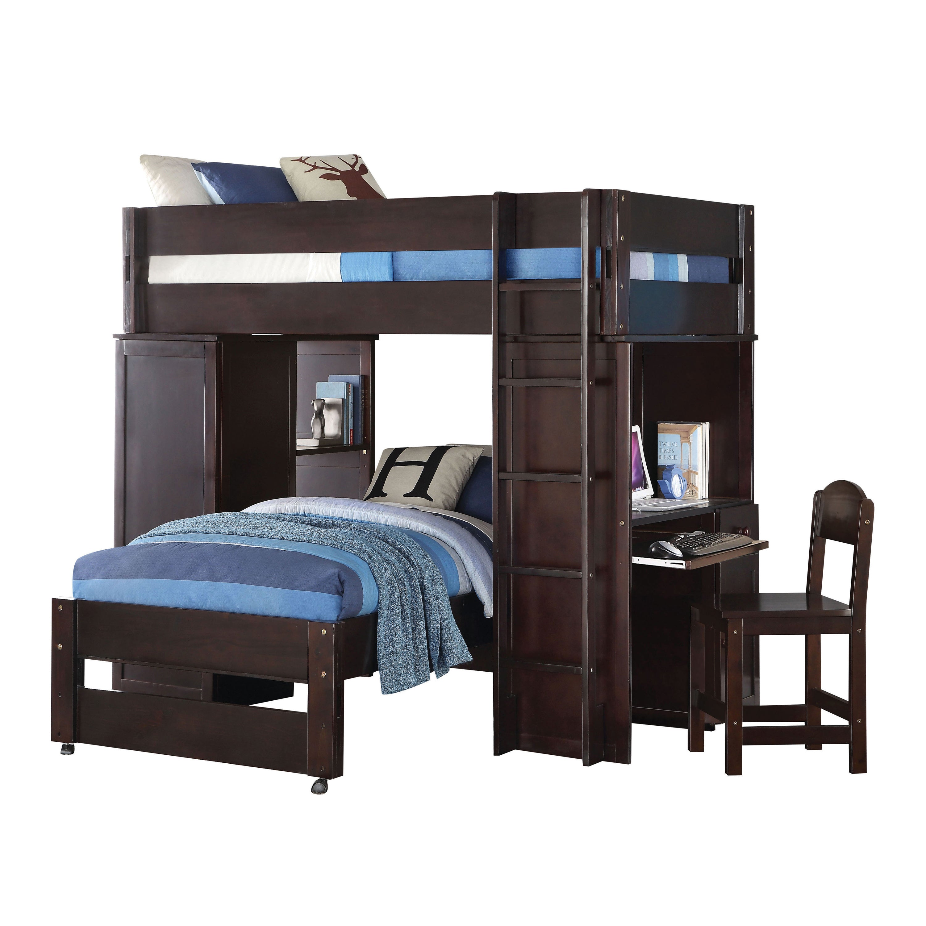 Wenge Twin Over Twin Loft Bed with Built-in Desk, Wardrobe and Chair