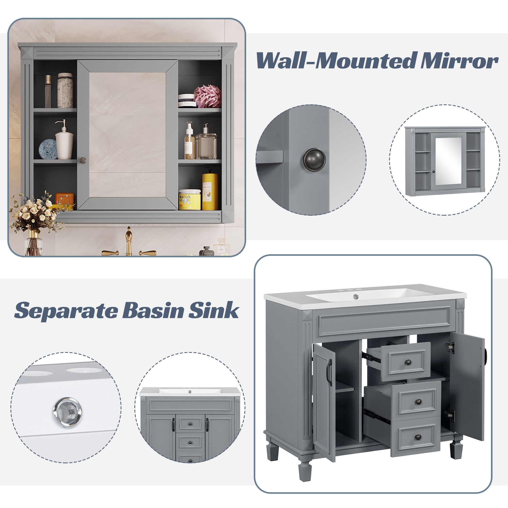 36'' Bathroom Vanity with Top Sink, Grey Mirror Cabinet, Modern Bathroom Storage Cabinet with 2 Soft Closing Doors and 2 Drawers, Single Sink Bathroom Vanity