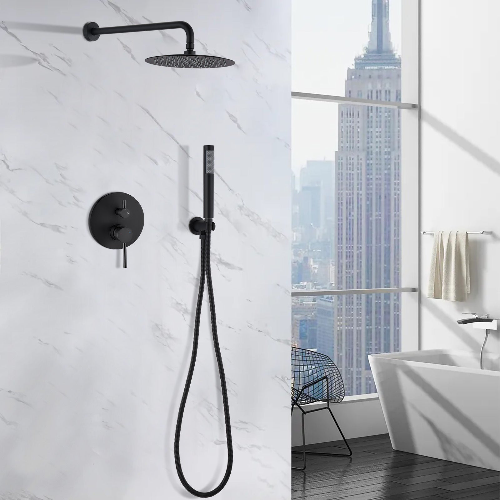 Wall Mounted Round Shower Combo Set with 10" Rain Shower head and Handheld Shower Head Set with Pressure Balancing Valve