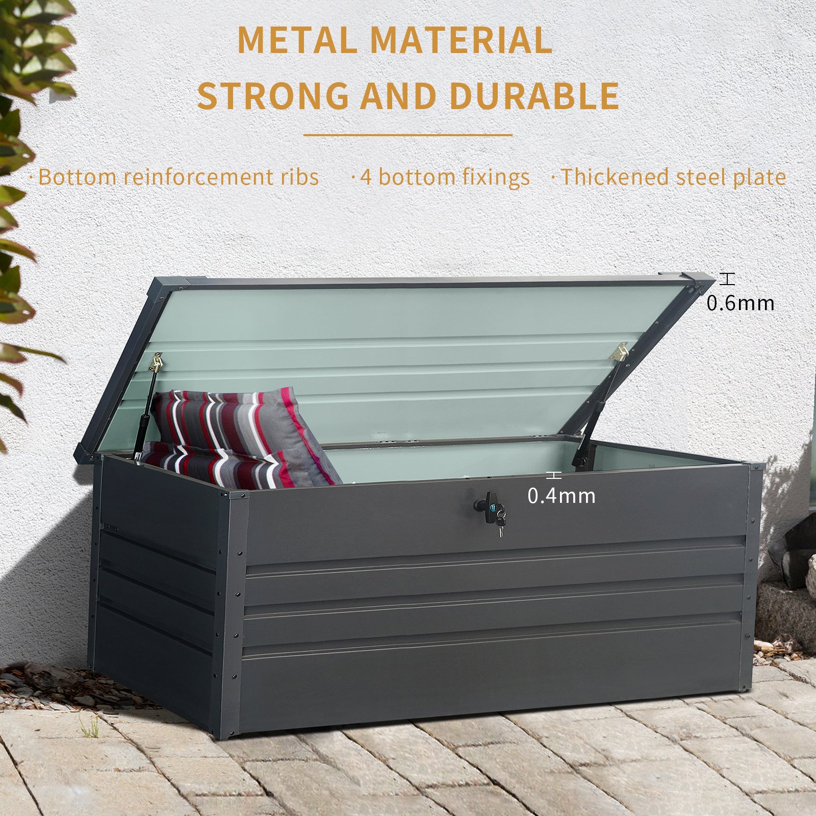 260 Gallon Metal Outdoor Deck Box Waterproof, Extra Large Patio Storage Box with Lockable Storage Containers for Patio Furniture Cushions, Pool Accessories, Garden Tools Dark Gray