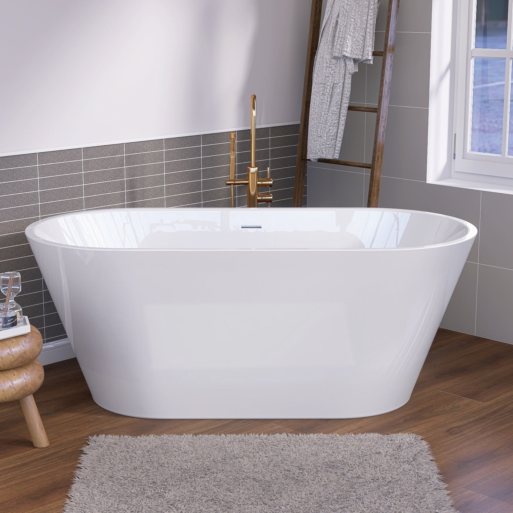 55" Acrylic Freestanding Bathtub Contemporary Soaking White Tub with Overflow and Pop-up Drain Gloss White