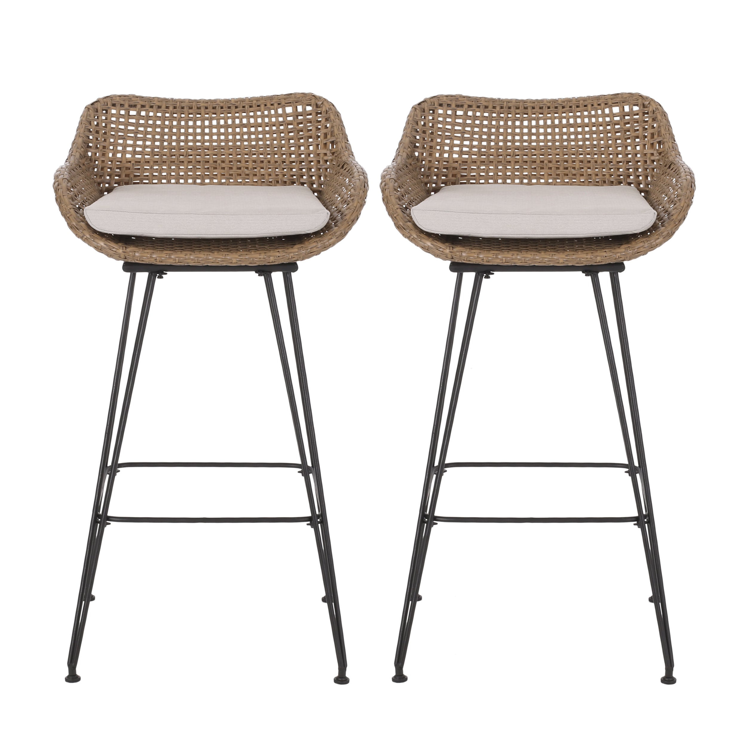 29.25" Outdoor Wicker and Iron Low Back Barstools, Light Brown, with Beige Cushion (Set of 2)