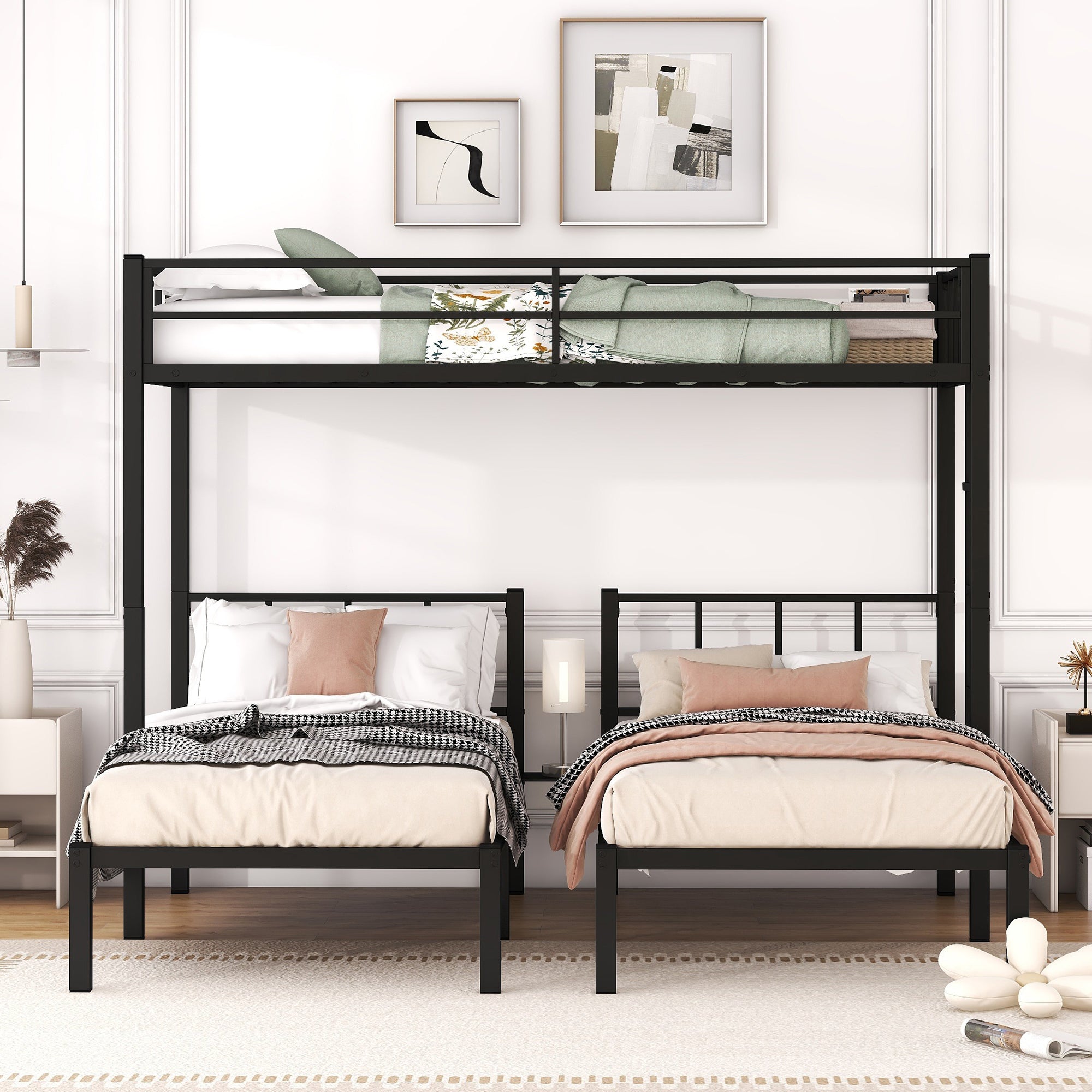 Twin over Twin & Twin Bunk Beds for 3, Twin XL over Twin & Twin Bunk Bed Metal Triple Bunk Bed, Black(Pre-sale date: February 8th.)