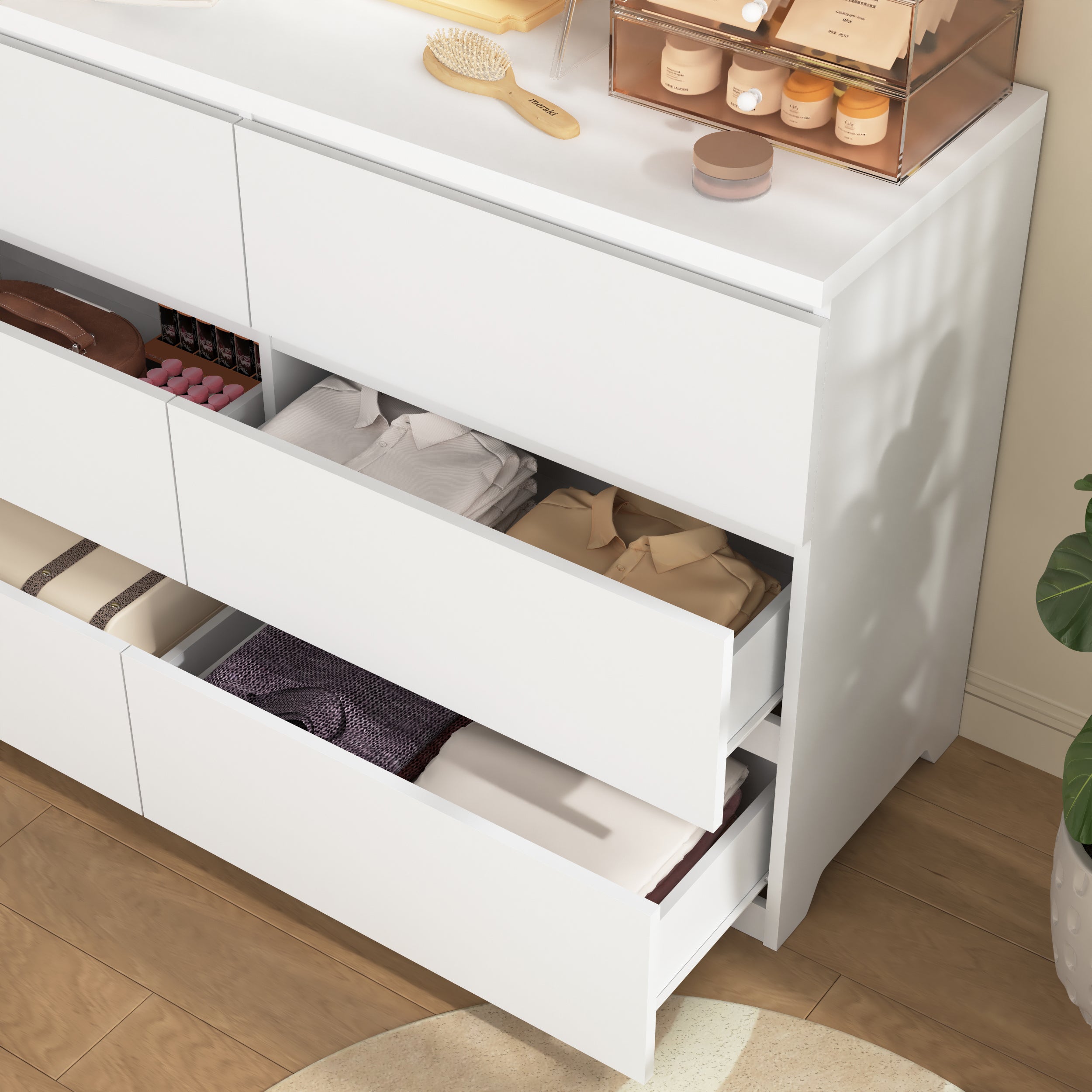 White 6-drawer dresser styled in a bedroom