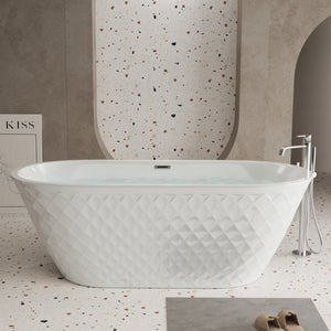 59 inch acrylic freestanding oval bathtub, gloss white with diamond pattern, front view
