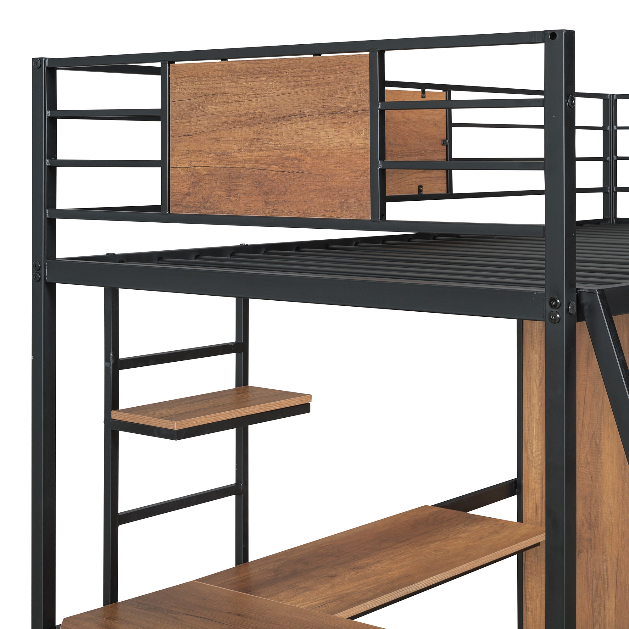 Twin Size Loft bed with L-shape Desk and Wardrobe, Black