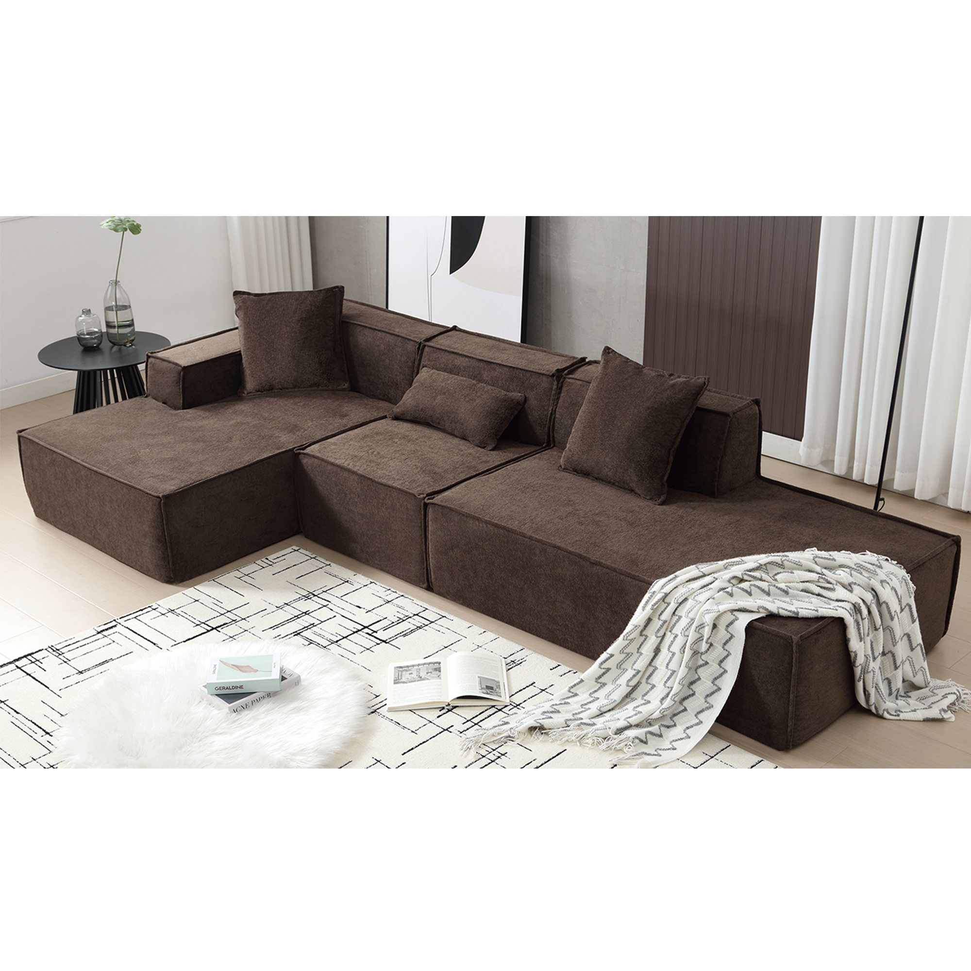 [VIDEO PROVIDED] Modular combination living room sofa set, modern minimalist sofa, free installation sofa, L-shaped, Italian minimalist tofu block sofa, Left-Hand Facing,Terrycloth fabric,Dark brown