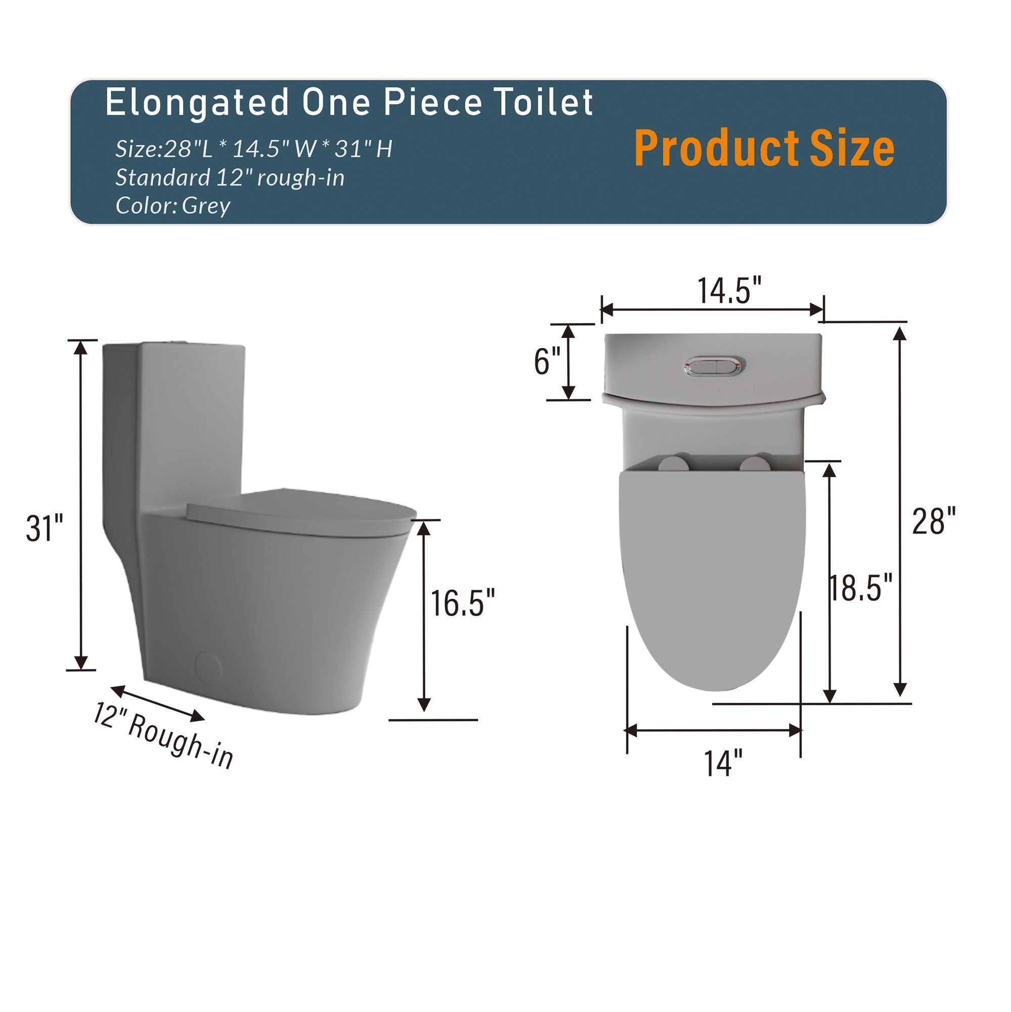 Matte Grey Elongated One Piece Toilet Dual Flush 1.1/1.6 GPF Water Saving Comfort Seat Height, Map 1000g,Grey