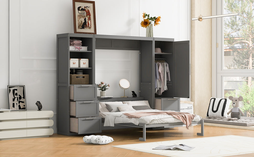 Queen Size Murphy Bed Wall Bed with Closet ,Drawers and Shelves,Gray