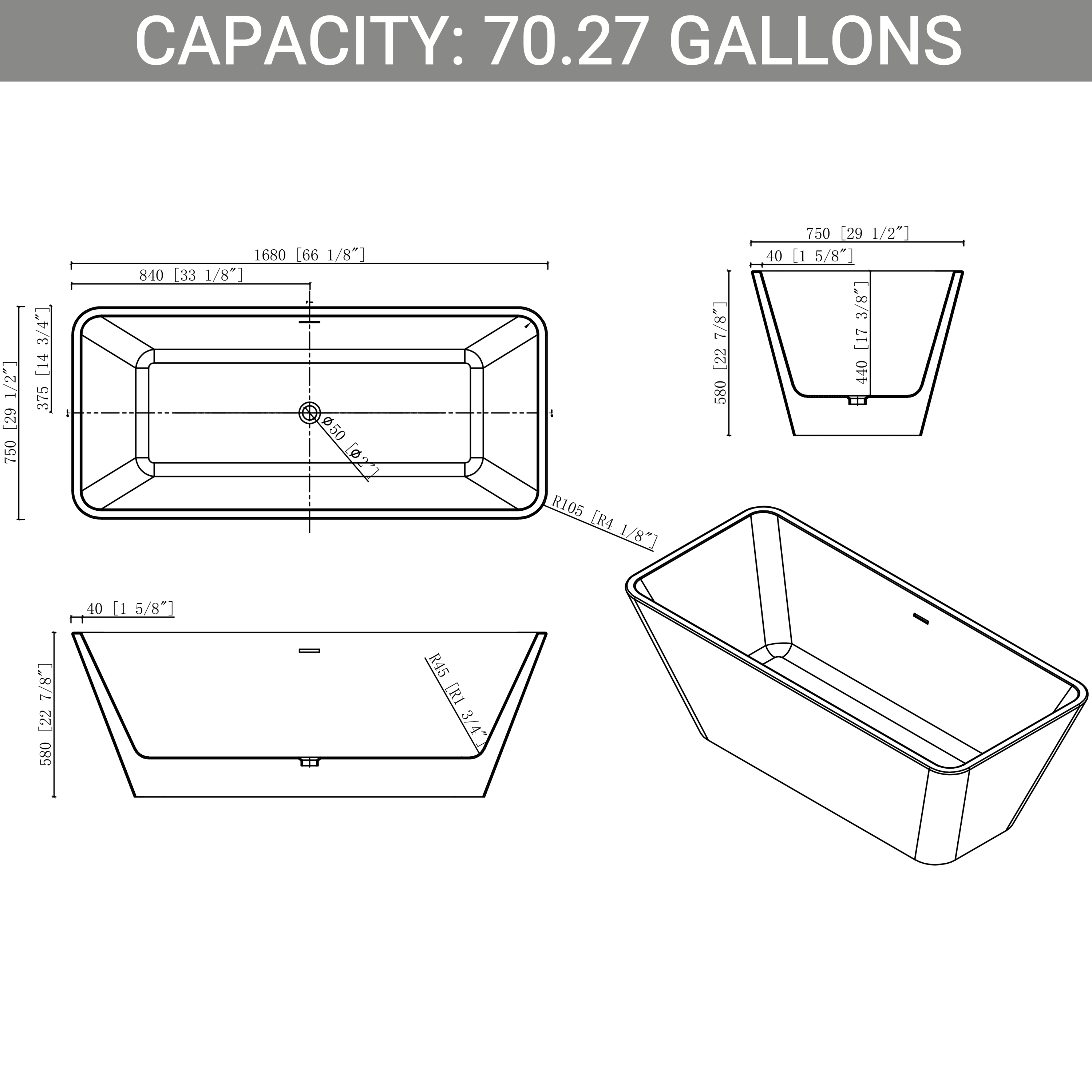 67"L x 30"W Acrylic Rectangular Freestanding Bathtub, Contemporary Soaking White Tub with Brushed Nickel Overflow and Pop-up Drain, cUPC Certified, Glossy White YY032-168-66-W-S