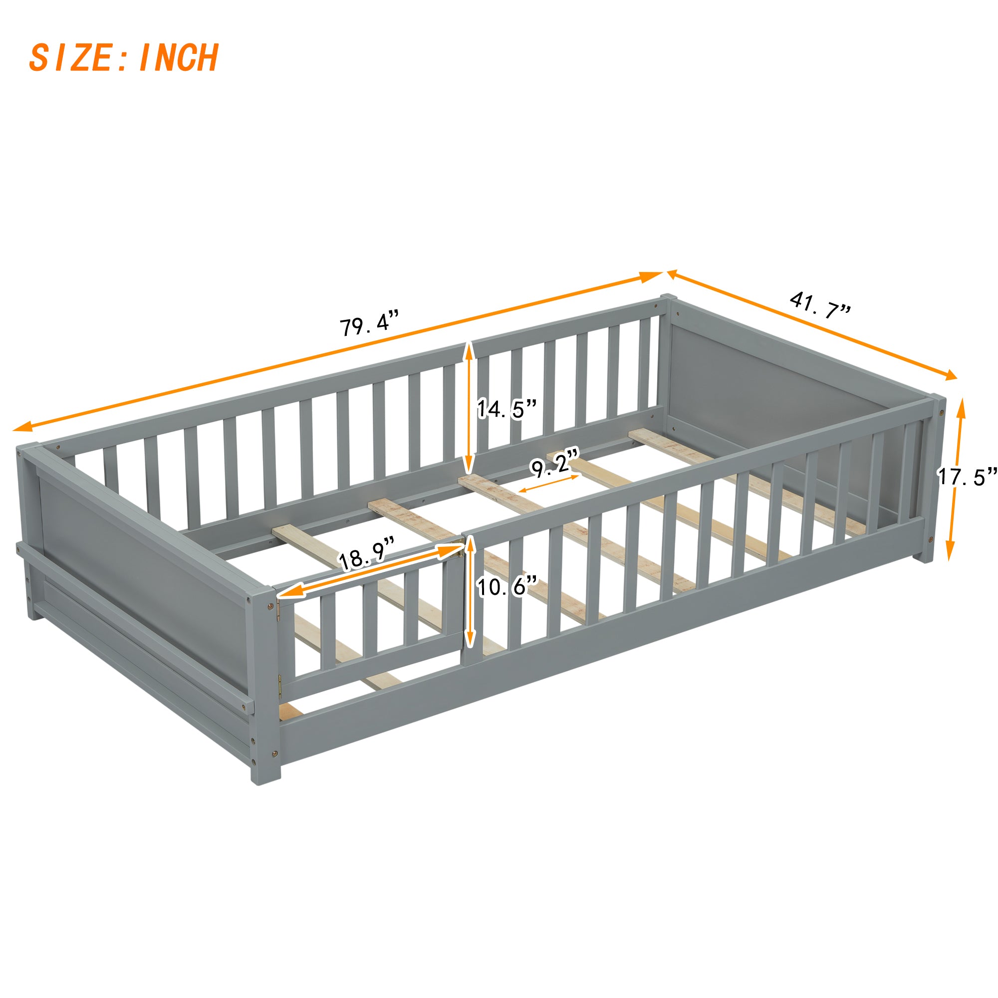 Twin size Floor Platform Bed with Built-in Book Storage Rack, Door,Grey