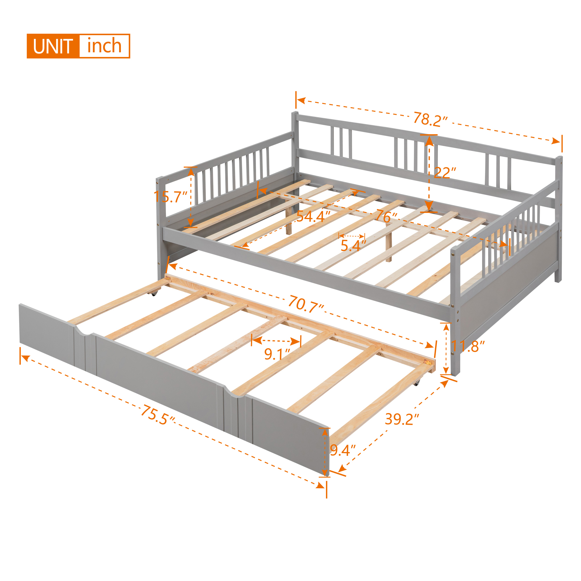 Full Size Daybed Wood Bed with Twin Size Trundle,Gray