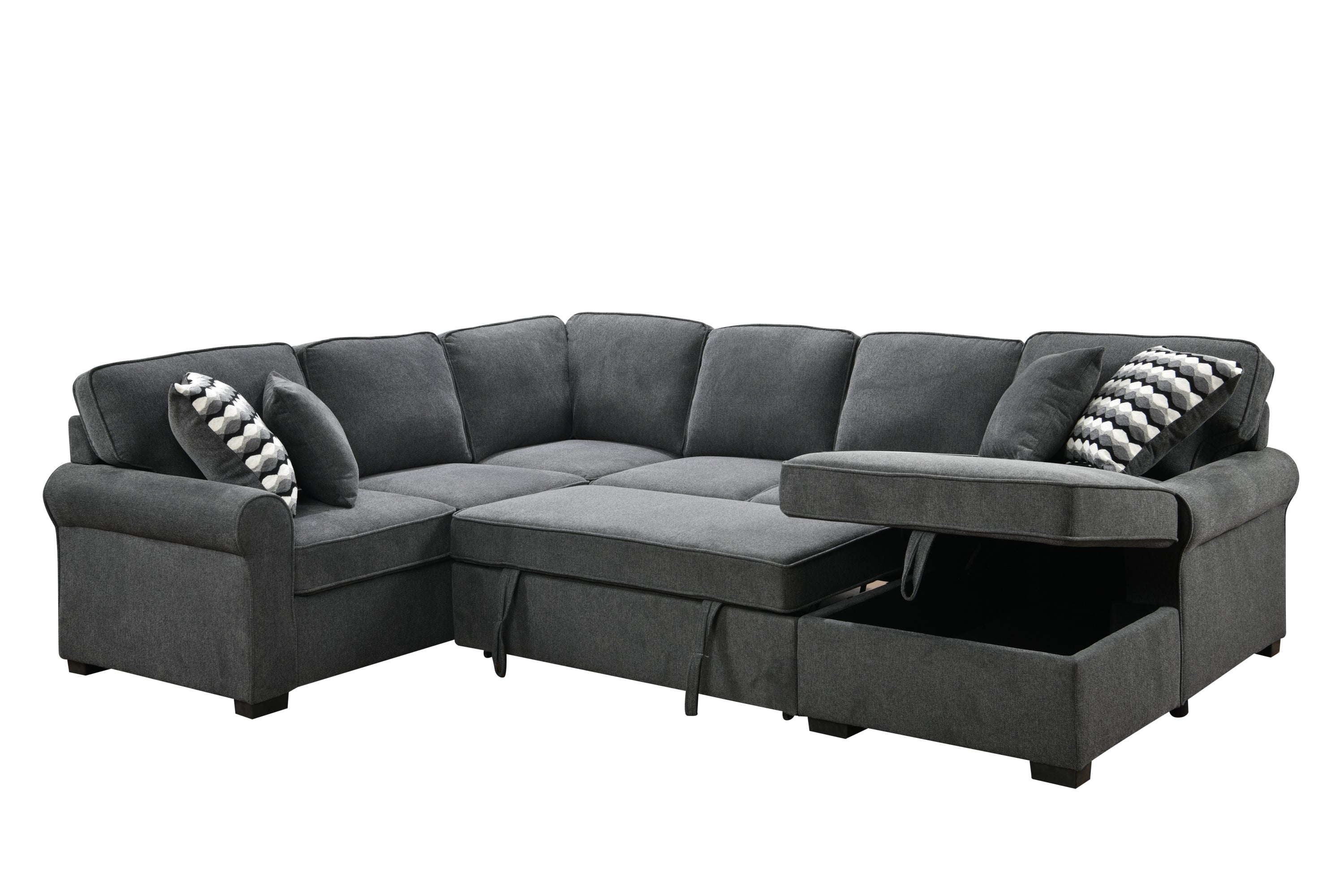 117" Oversized Sectional Sofa with Storage Chaise, Rolled Arms U Shaped Sectional Couch ,Removable Soft Backrest Cushions, with 4 Throw Pillows for Large Space Dorm Apartment,Dark Gray