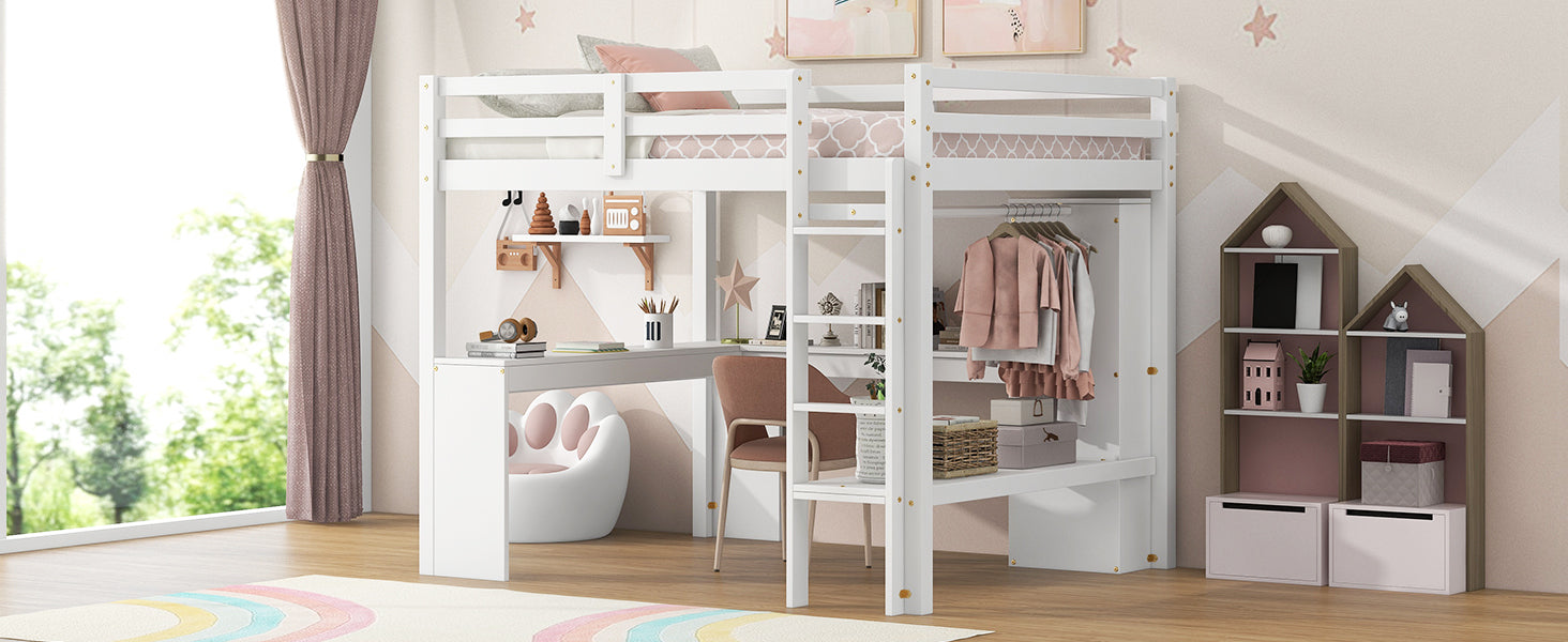 Full Size Loft Bed with L-shaped Desk, Wardrobe and Storage Shelves, White