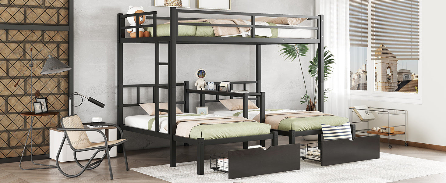 FULL XL Over Twin & Twin Triple Bunk Bed with Drawers, Multi-functional Metal Frame Bed with desks and shelves in the middle, Black