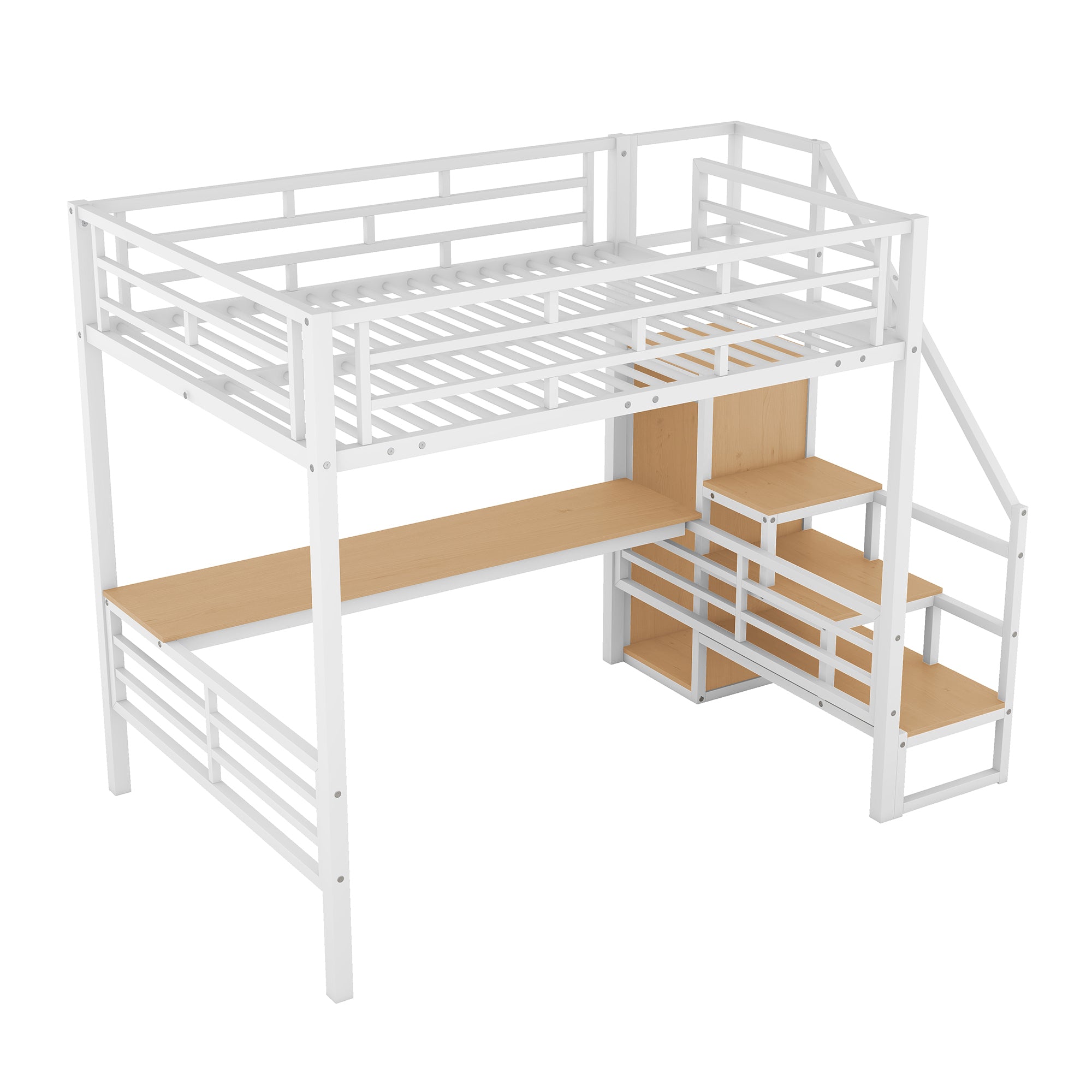 Full Size Metal Loft Bed with Desk, Storage Staircase and Small Wardrobe, Storage stairs can be installed left and right, White