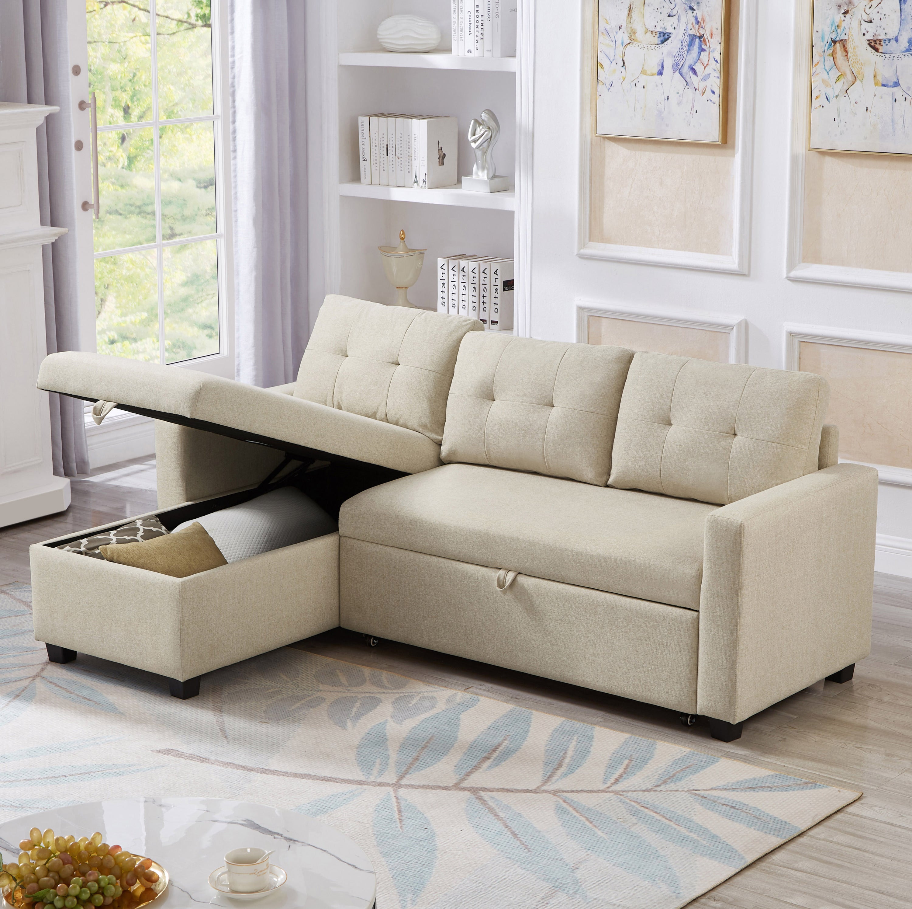 Upholstered Pull Out Sectional Sofa with Storage Chaise, Convertible Corner Couch, Beige