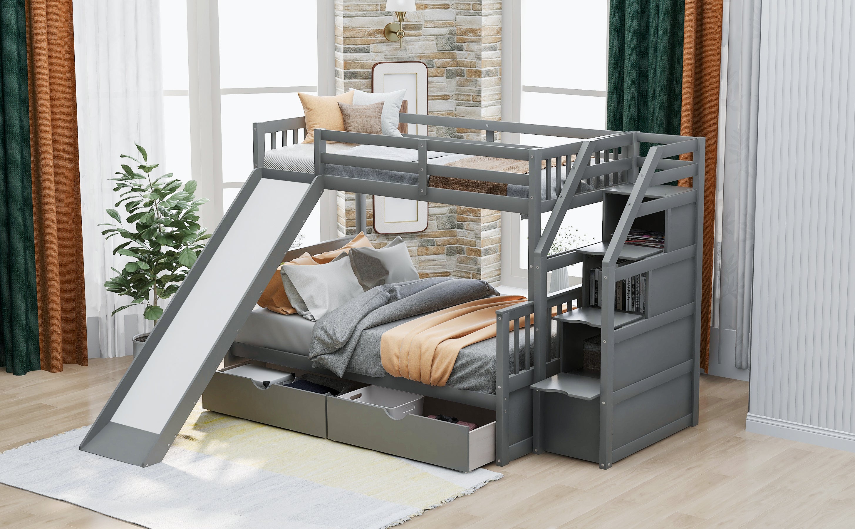 Twin over Full Bunk Bed with Drawers,Storage and Slide, Multifunction, Gray